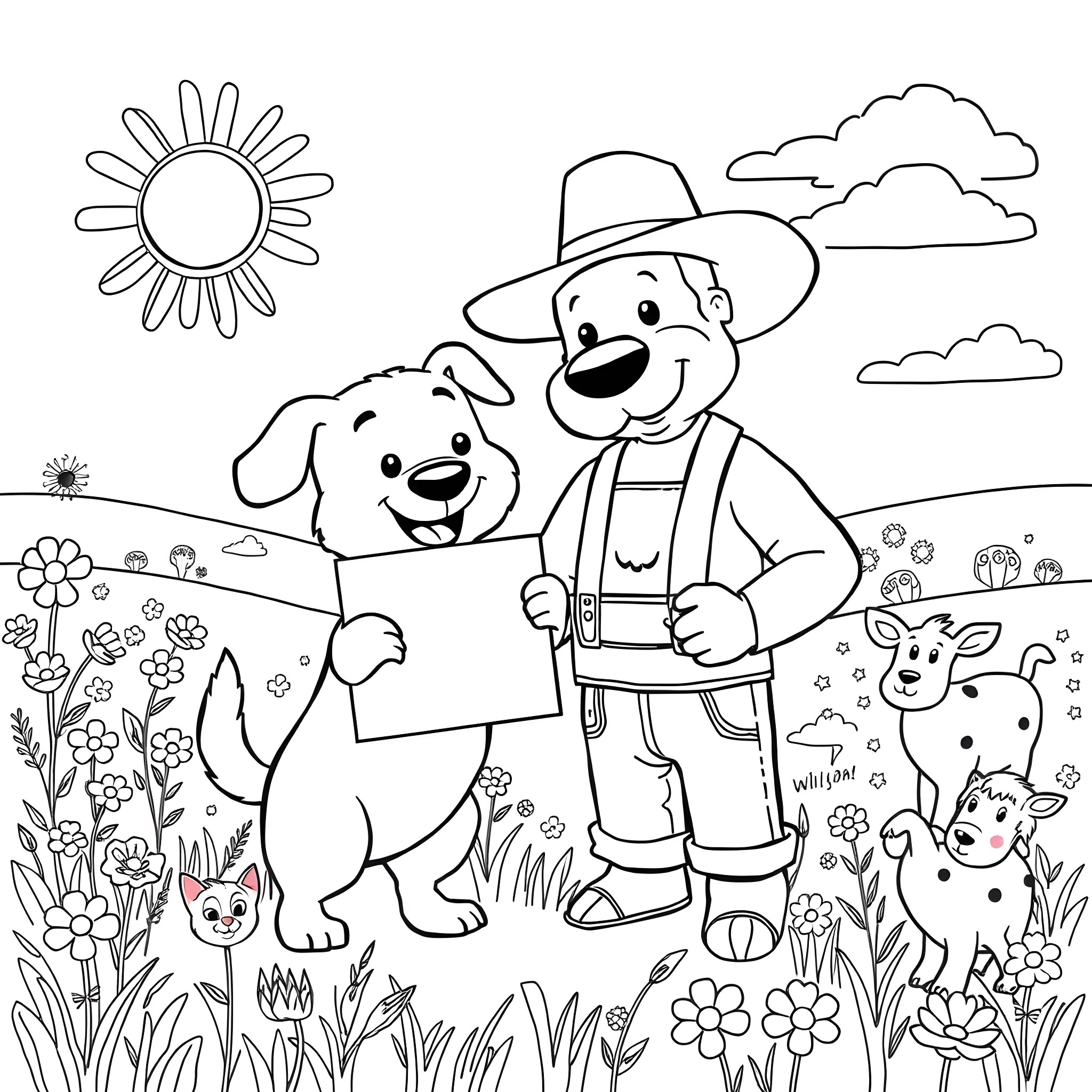 Dog and farmer exploring the countryside Coloring Page (free black-and-white line drawing printable PDF for all, from beginners to advanced learners, including children, teens, adults, and seniors)