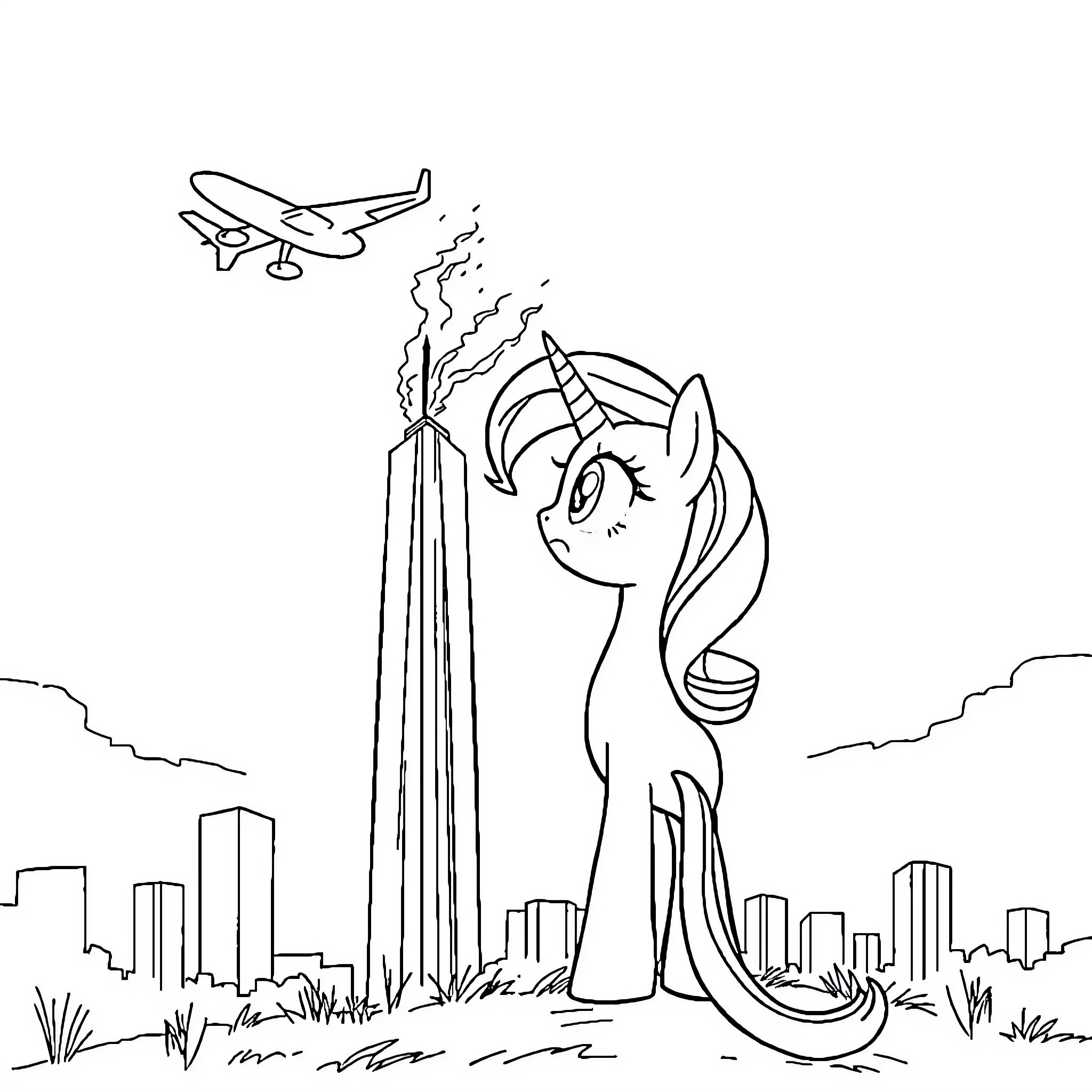 Twilight Sparkle gazes at the sky in the city Coloring Page (free black-and-white line drawing printable PDF for all, from beginners to advanced learners, including children, teens, adults, and seniors)
