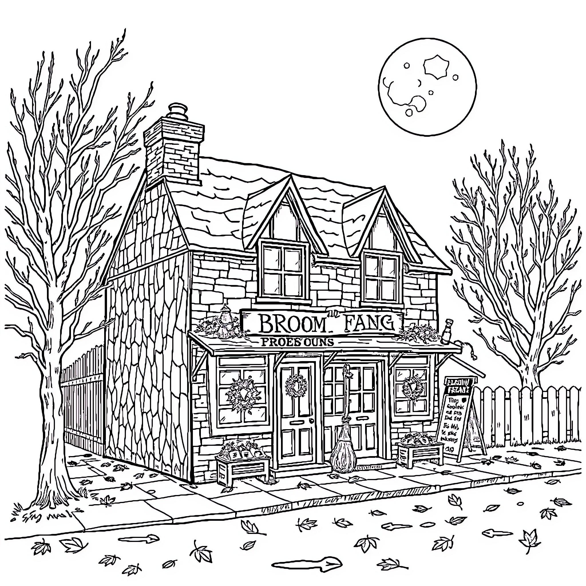 Broom Farm Products on a Cozy Autumn Evening Coloring Page (free black-and-white line drawing printable PDF for all, from beginners to advanced learners, including children, teens, adults, and seniors)