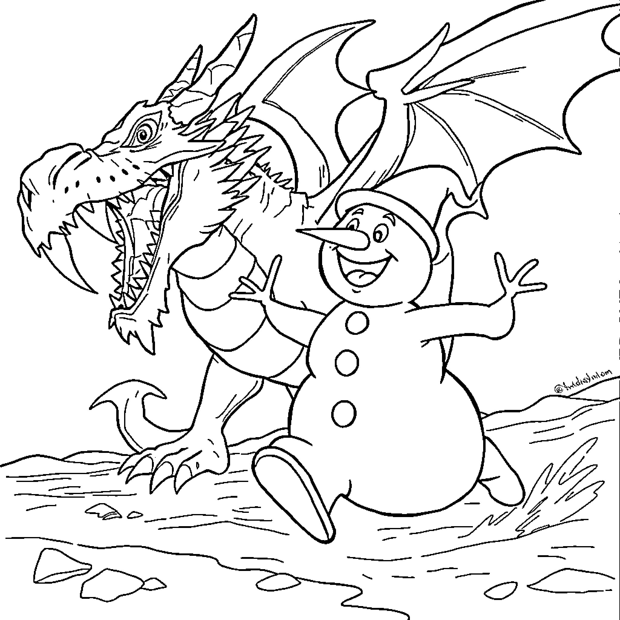 Snowman and Dragon Enjoying Snowy Scenery Coloring Page (free black-and-white line drawing printable PDF for all, from beginners to advanced learners, including children, teens, adults, and seniors)