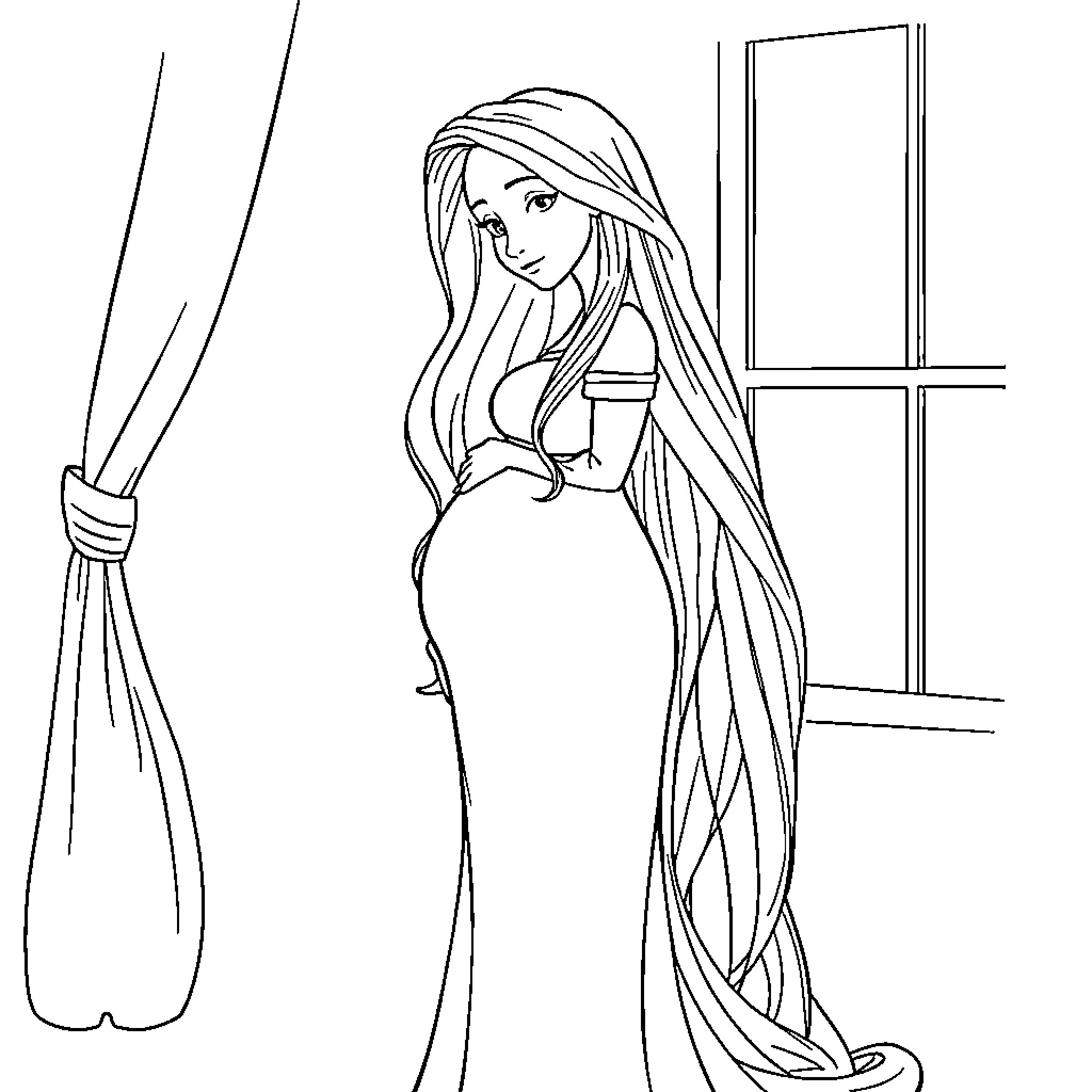 Rapunzel in her bedroom with long flowing hair Coloring Page (free black-and-white line drawing printable PDF for all, from beginners to advanced learners, including children, teens, adults, and seniors)
