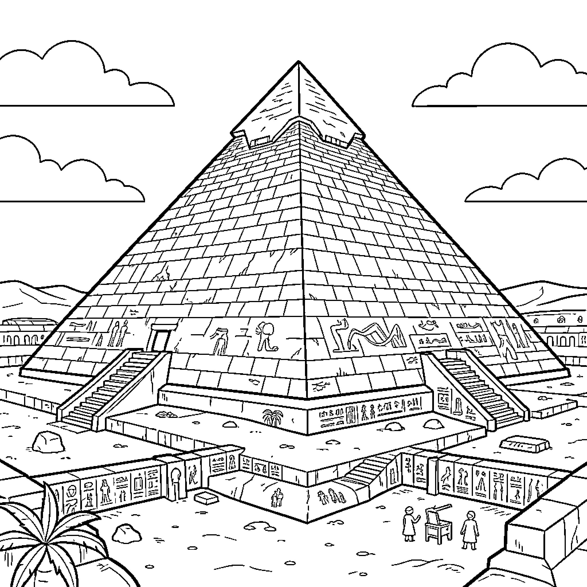 Pyramid landscape with architectural details Coloring Page (free black-and-white line drawing printable PDF for all, from beginners to advanced learners, including children, teens, adults, and seniors)