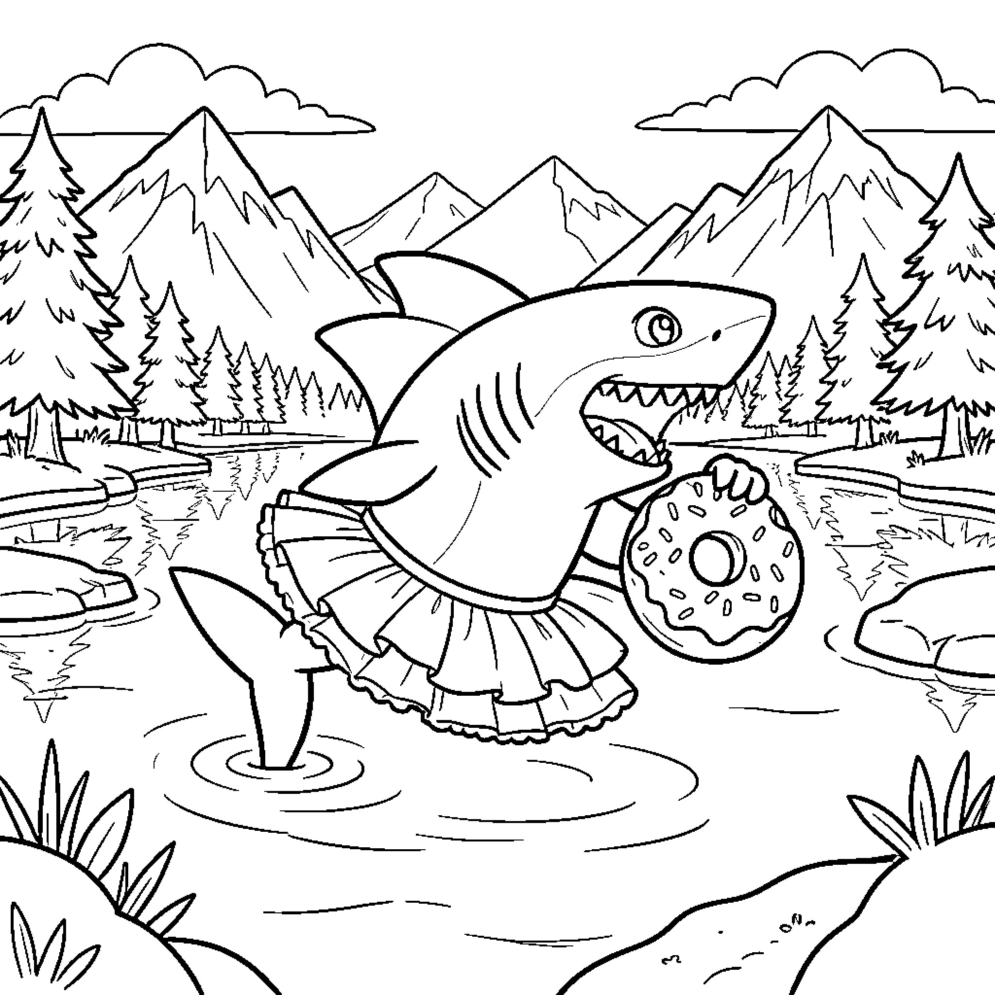 Requin wearing a tutu eating a donut Coloring Page (free black-and-white line drawing printable PDF for all, from beginners to advanced learners, including children, teens, adults, and seniors)