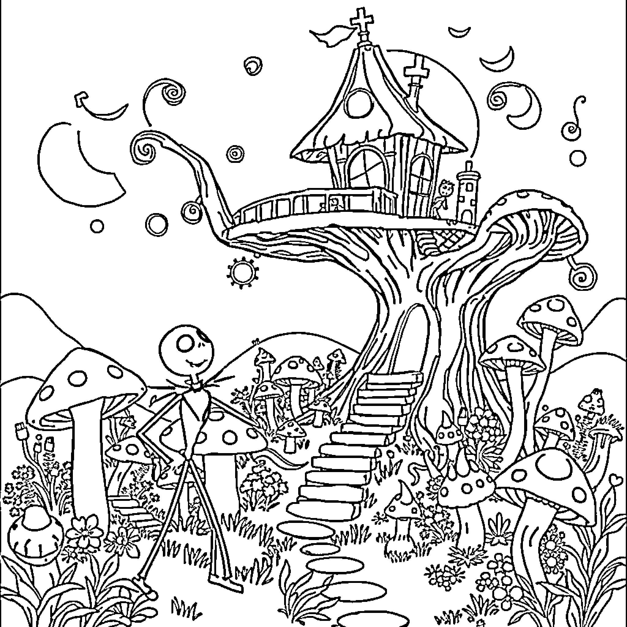Jack Skellington's Fantastical Mushroom House Adventure Coloring Page (free black-and-white line drawing printable PDF for all, from beginners to advanced learners, including children, teens, adults, and seniors)
