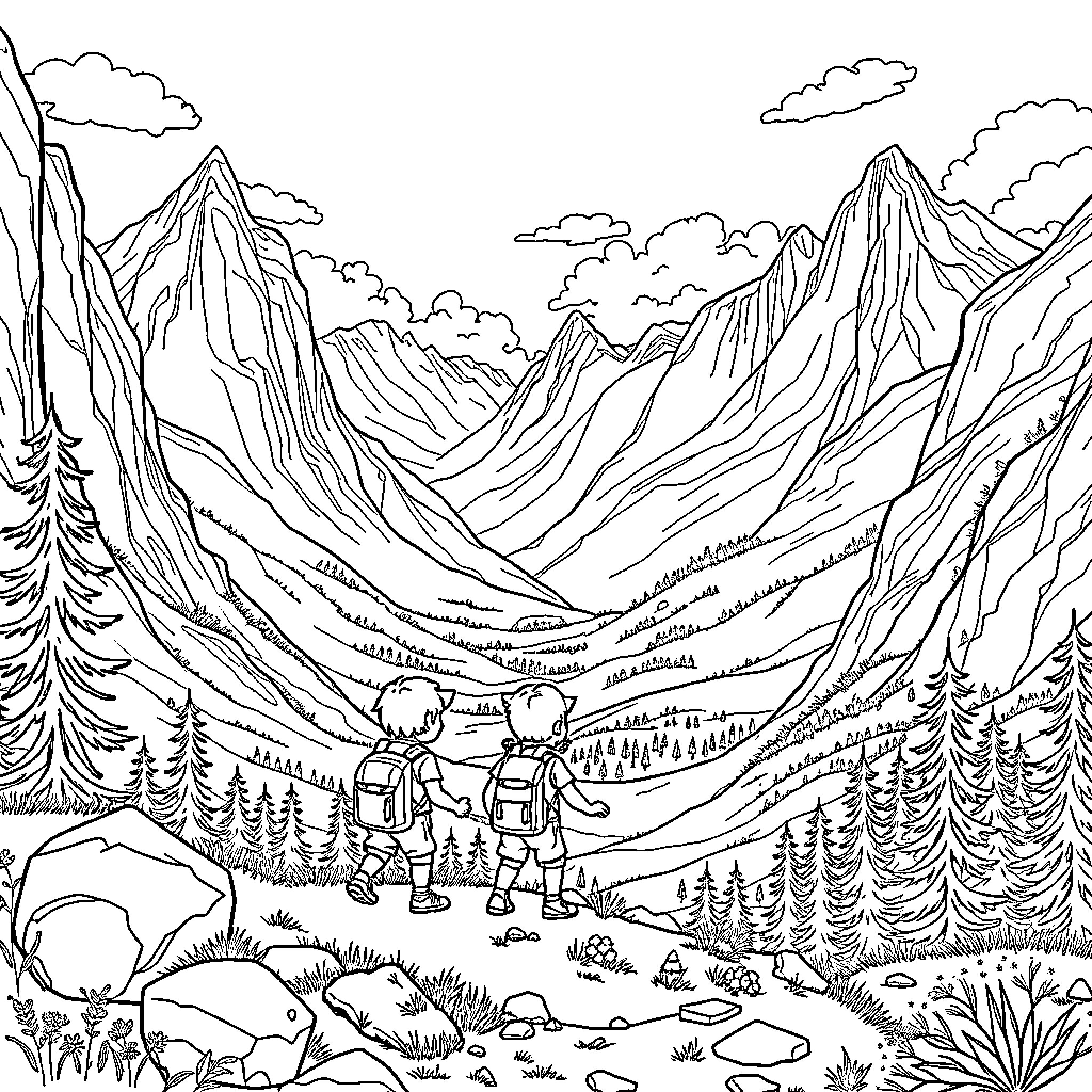 Kid Hikers Exploring Majestic Mountain Landscape Coloring Page (free black-and-white line drawing printable PDF for all, from beginners to advanced learners, including children, teens, adults, and seniors)