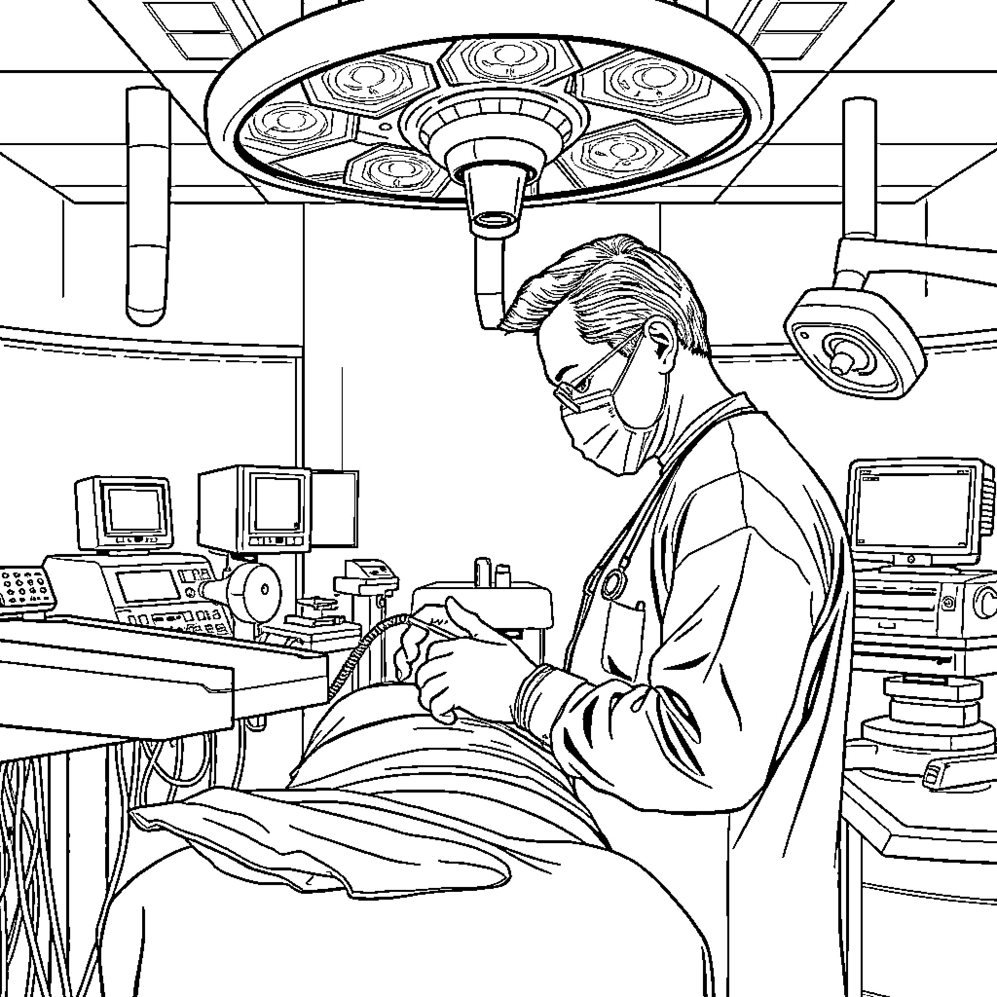 Plastic Surgeon Performing Delicate Surgery in Operating Room Coloring Page (free black-and-white line drawing printable PDF for all, from beginners to advanced learners, including children, teens, adults, and seniors)