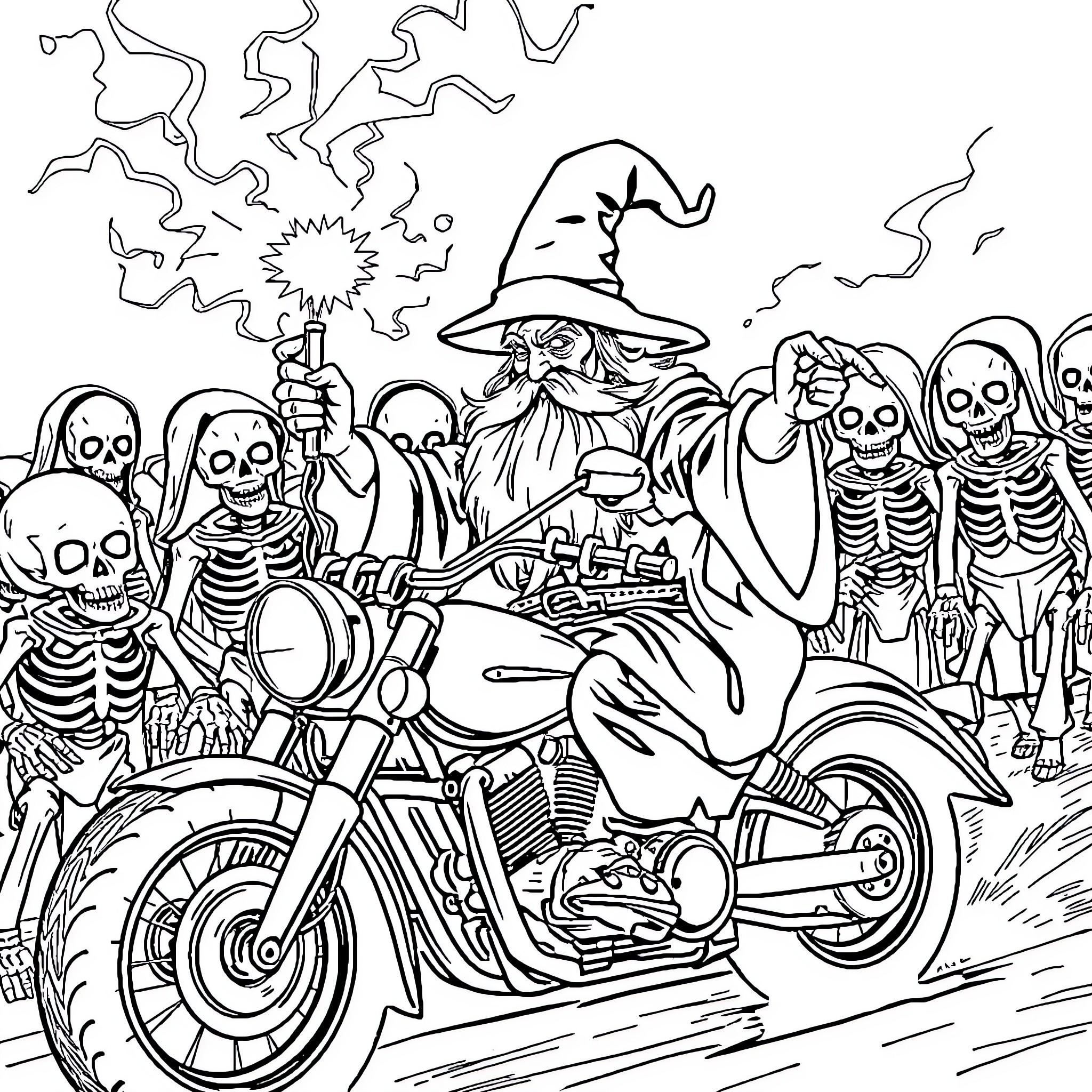 Wizard Riding a Motorcycle with Skeleton Companions Coloring Page (free black-and-white line drawing printable PDF for all, from beginners to advanced learners, including children, teens, adults, and seniors)