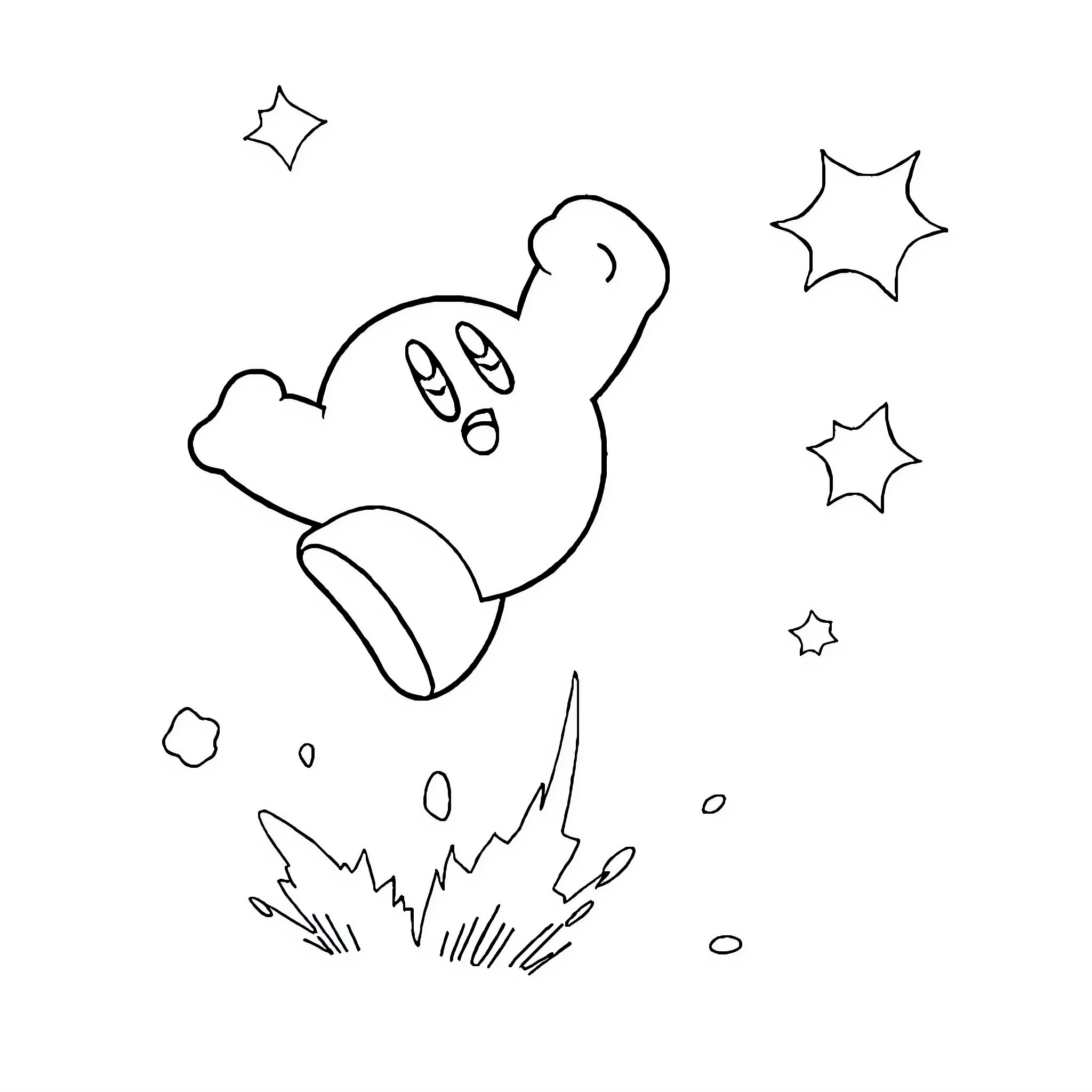 Kirby floating amidst twinkling stars Coloring Page (free black-and-white line drawing printable PDF for all, from beginners to advanced learners, including children, teens, adults, and seniors)
