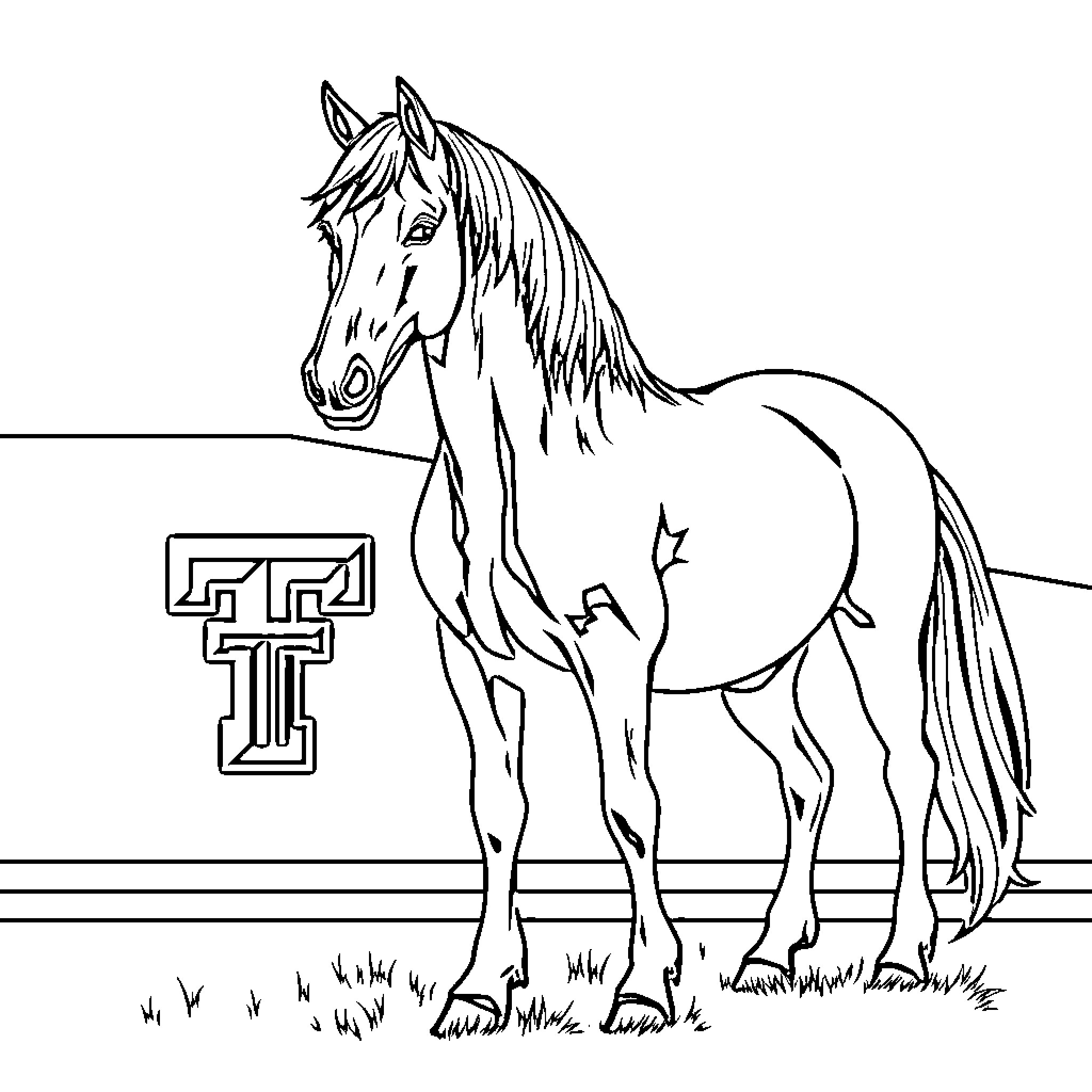 Fjord Horse standing proudly near school symbol Coloring Page (free black-and-white line drawing printable PDF for all, from beginners to advanced learners, including children, teens, adults, and seniors)