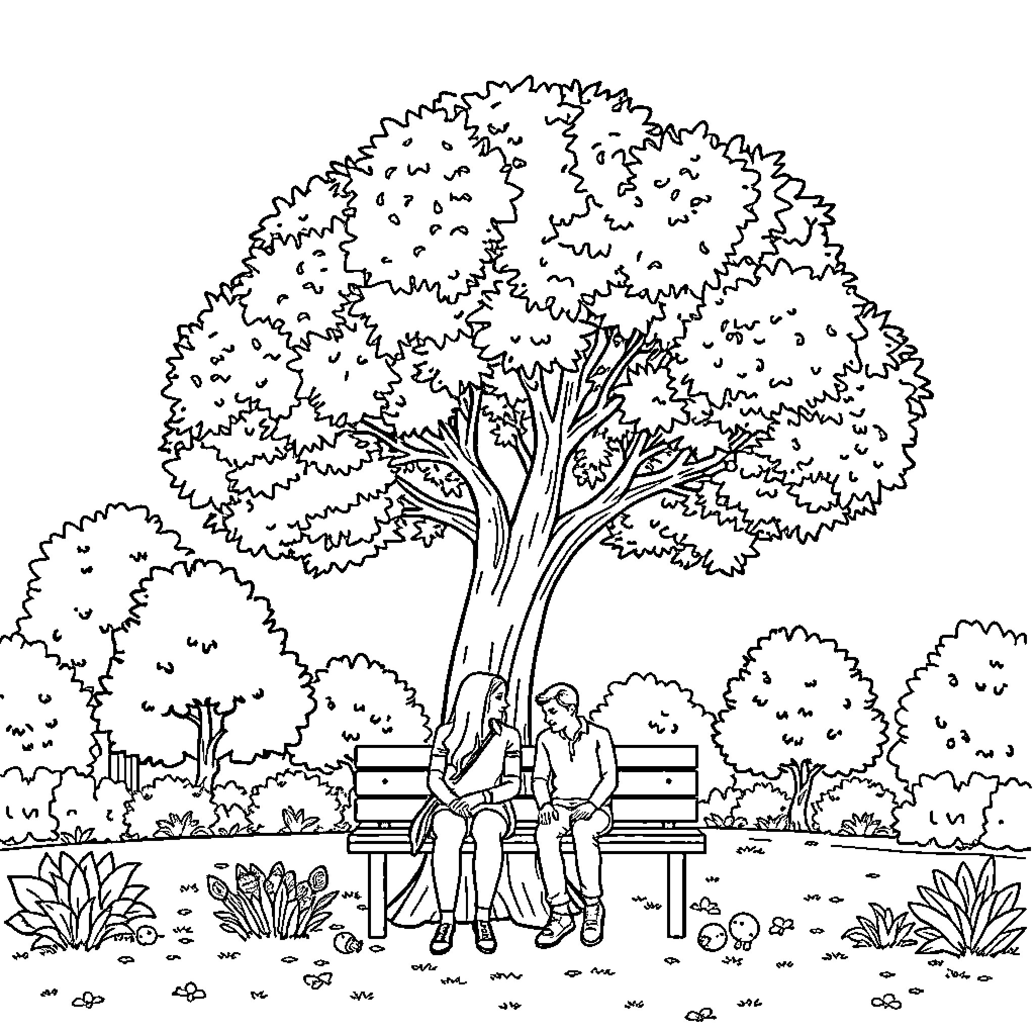 Person sitting on bench in park with nature Coloring Page (free black-and-white line drawing printable PDF for all, from beginners to advanced learners, including children, teens, adults, and seniors)