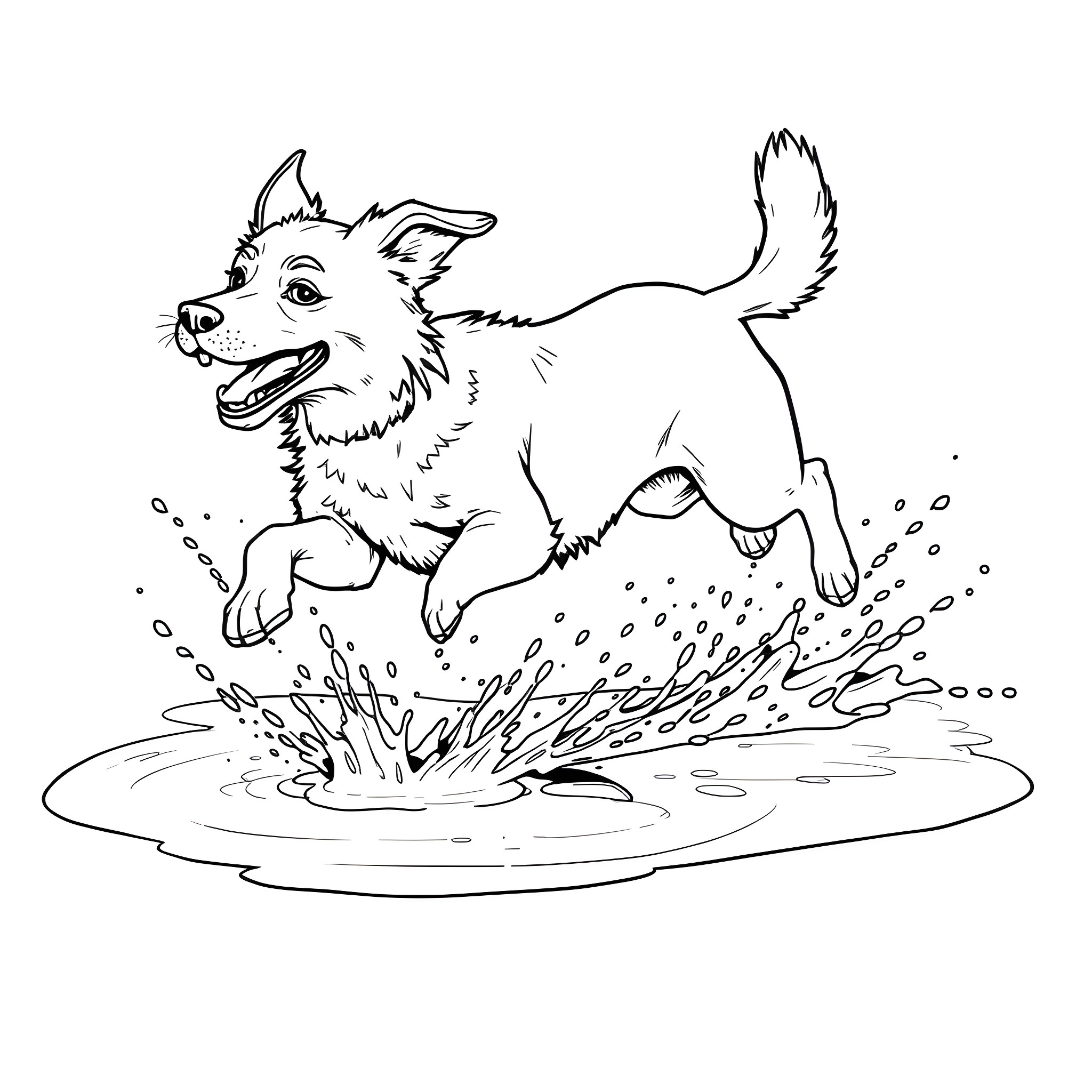 Dog splashing joyfully in puddle Coloring Page (free black-and-white line drawing printable PDF for all, from beginners to advanced learners, including children, teens, adults, and seniors)