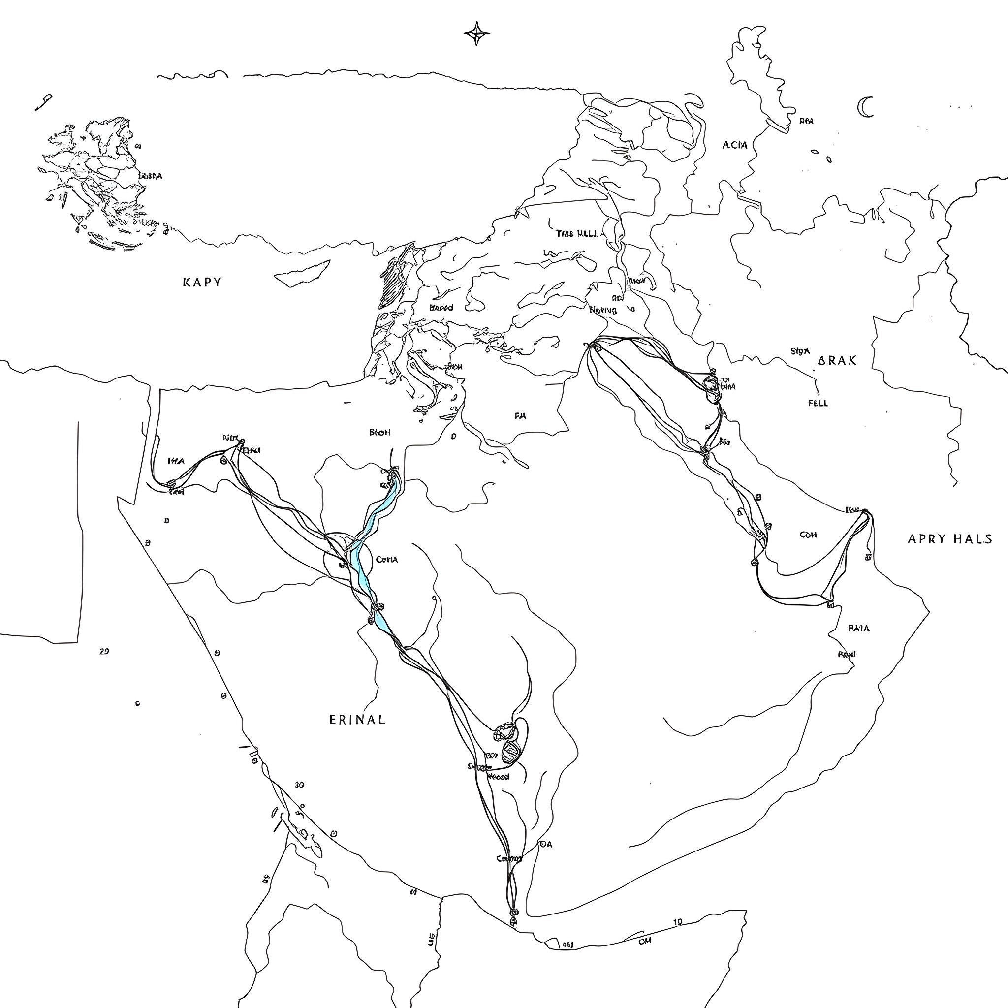 Map of Middle Eastern region with geographic elements Coloring Page (free black-and-white line drawing printable PDF for all, from beginners to advanced learners, including children, teens, adults, and seniors)