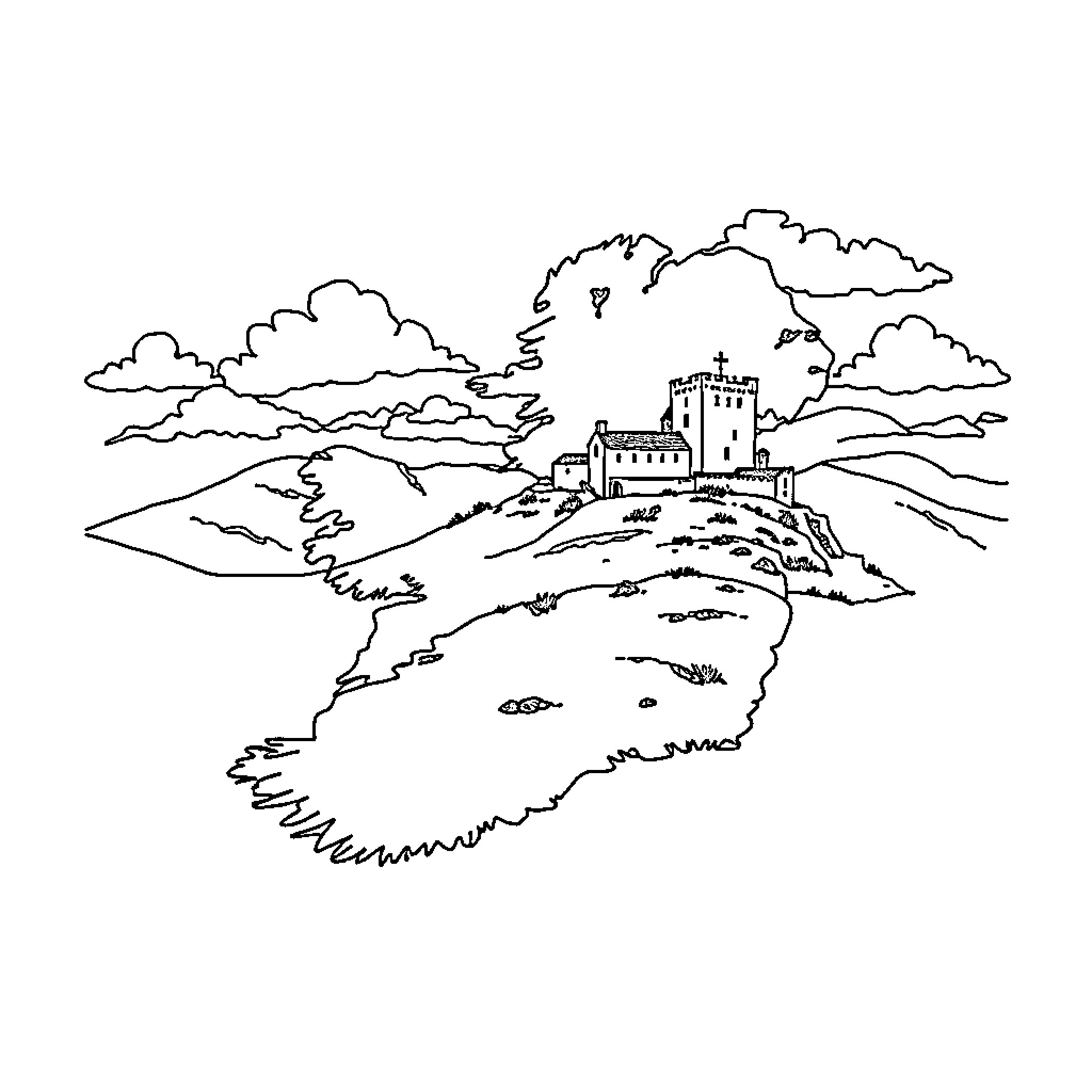 Ireland's Majestic Castle on the Hill Coloring Page (free black-and-white line drawing printable PDF for all, from beginners to advanced learners, including children, teens, adults, and seniors)