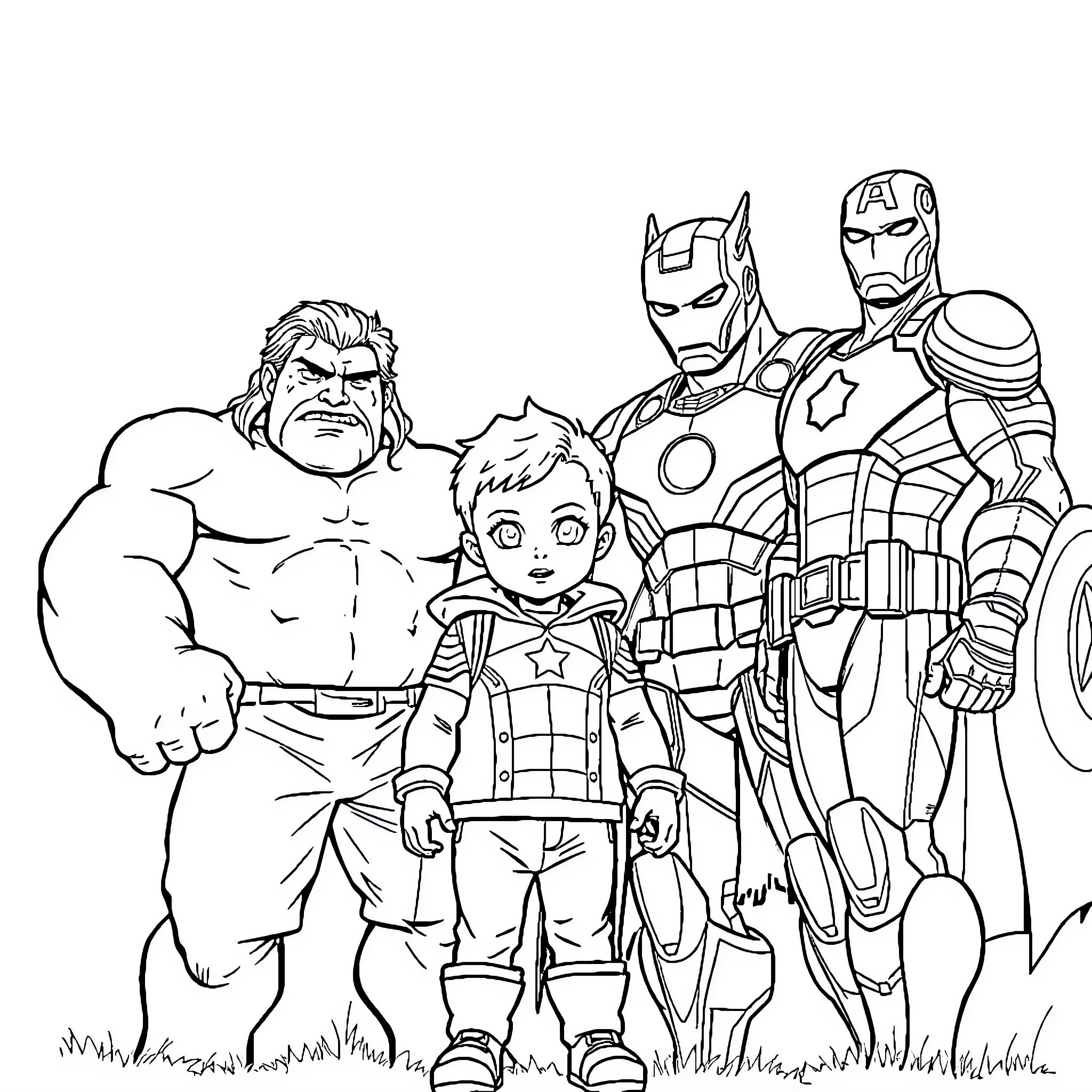 Superhero Team Assembled in Action Coloring Page (free black-and-white line drawing printable PDF for all, from beginners to advanced learners, including children, teens, adults, and seniors)