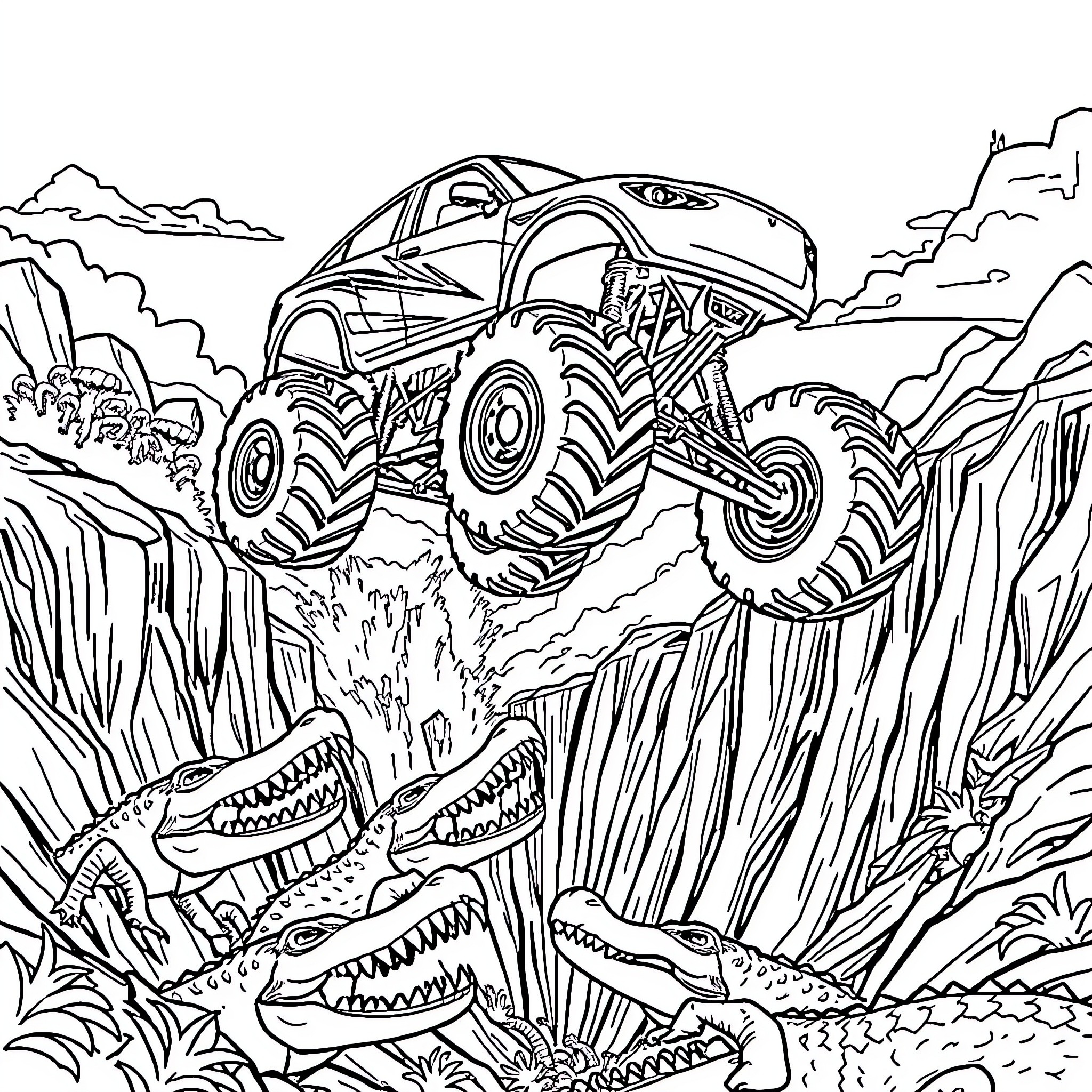 Monster Truck Jumping Over Crocodiles in the Wild Coloring Page (free black-and-white line drawing printable PDF for all, from beginners to advanced learners, including children, teens, adults, and seniors)