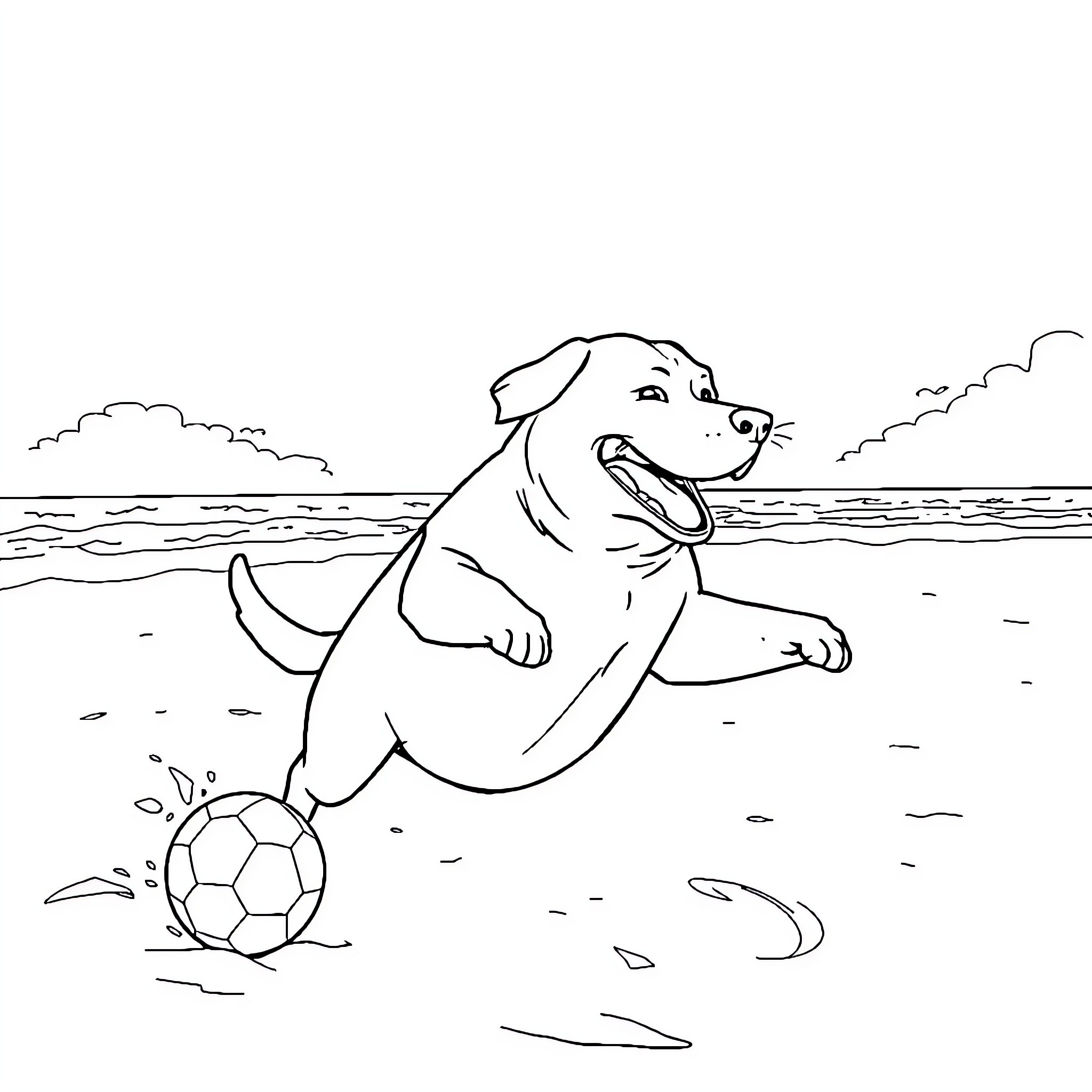 Labrador playing joyfully with soccer ball on the beach Coloring Page (free black-and-white line drawing printable PDF for all, from beginners to advanced learners, including children, teens, adults, and seniors)