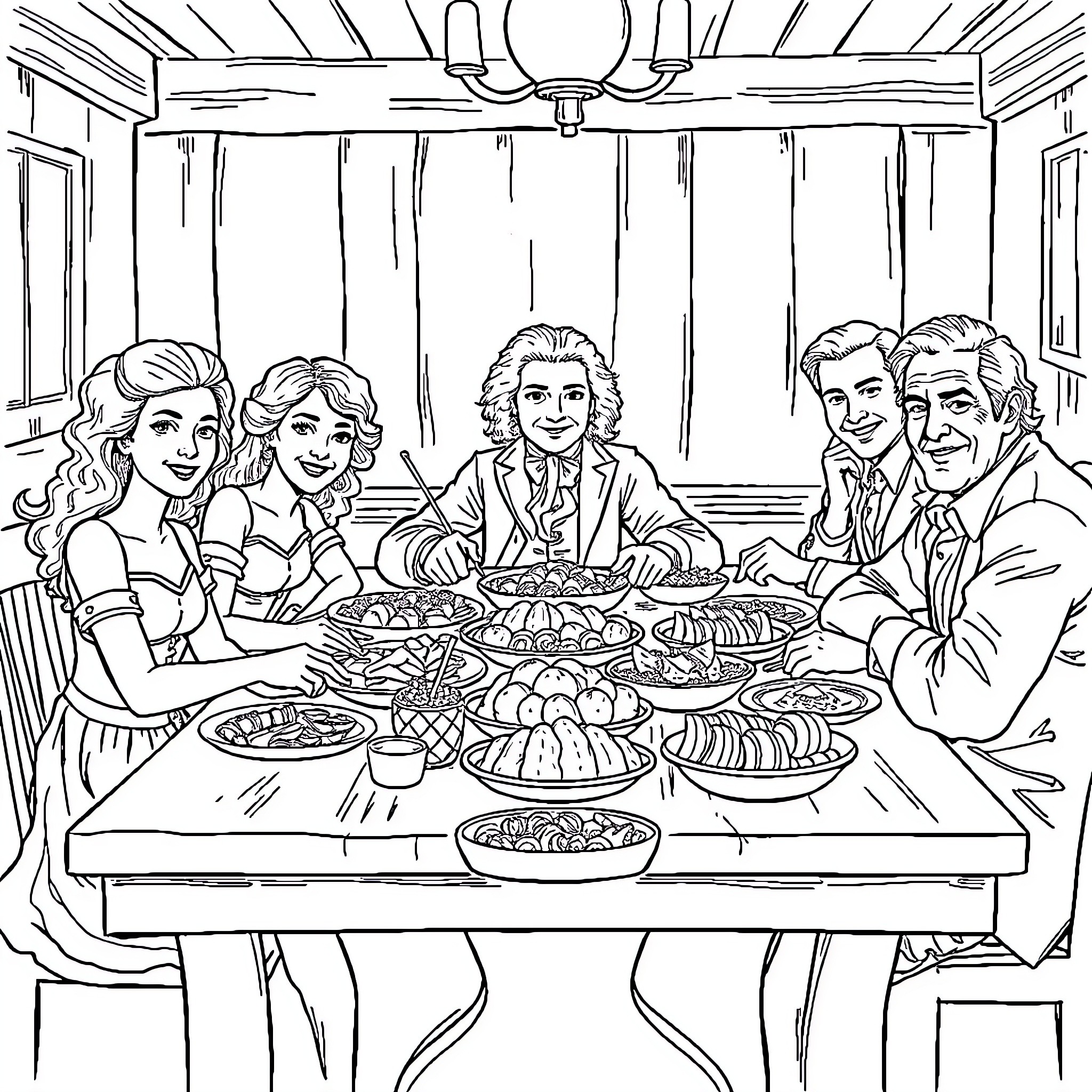 Mozart and Family Enjoying a Festive Meal Coloring Page (free black-and-white line drawing printable PDF for all, from beginners to advanced learners, including children, teens, adults, and seniors)