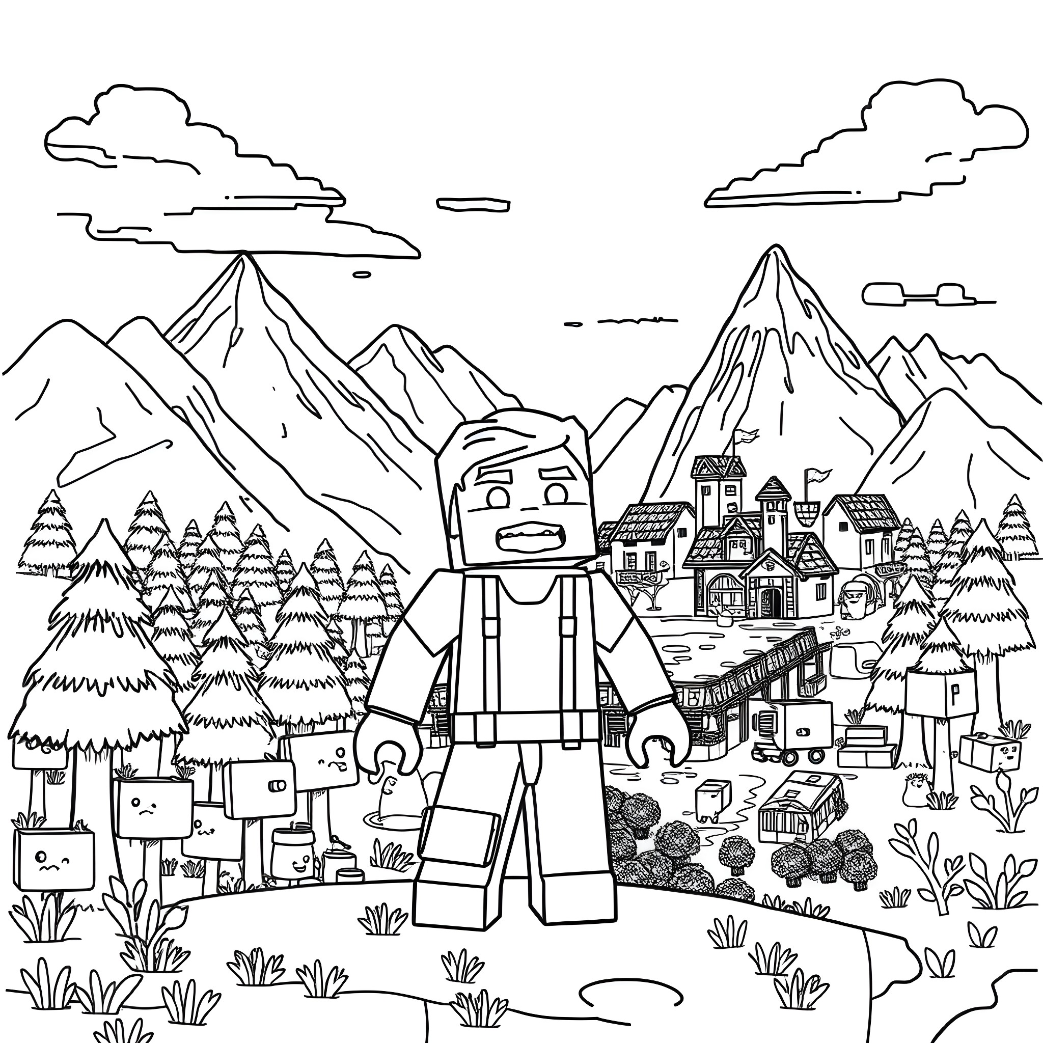 Steve's Adventure in the Enchanted Mountain Village Coloring Page (free black-and-white line drawing printable PDF for all, from beginners to advanced learners, including children, teens, adults, and seniors)