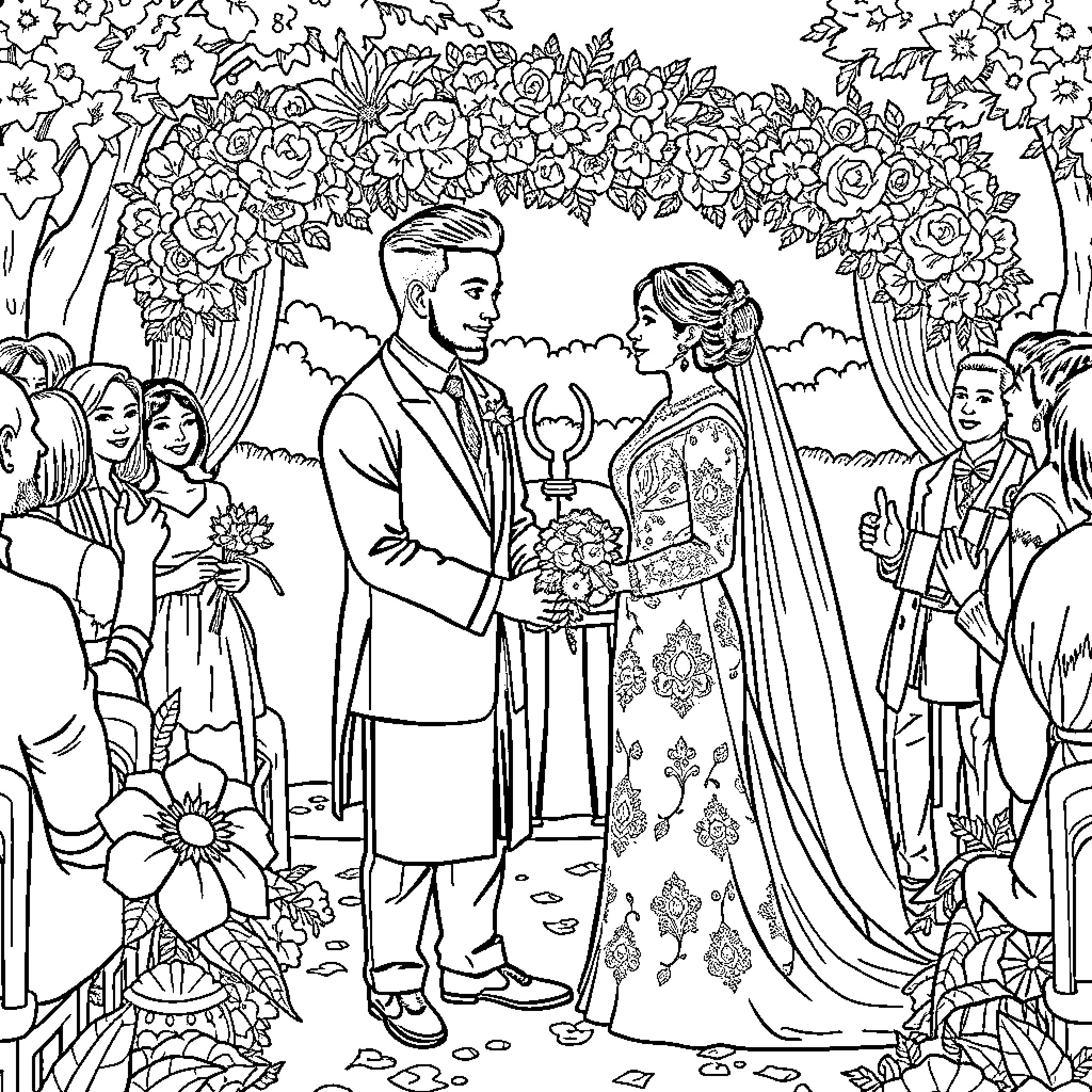 Wedding Ceremony in a Floral Garden Coloring Page (free black-and-white line drawing printable PDF for all, from beginners to advanced learners, including children, teens, adults, and seniors)
