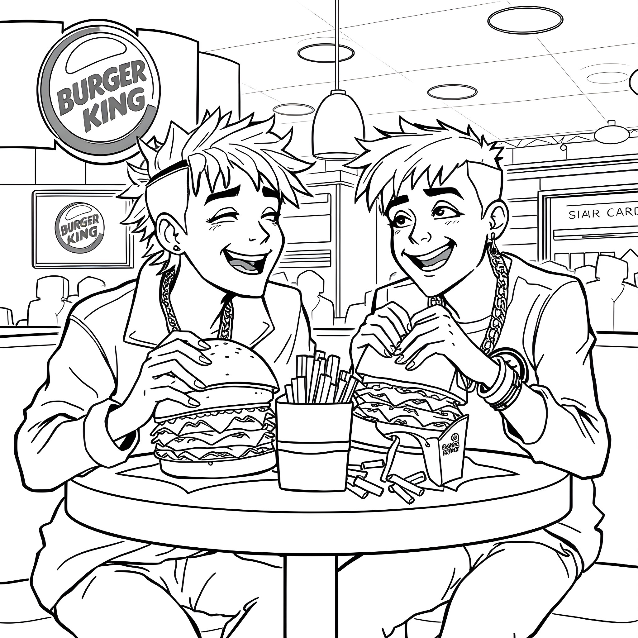 Palaye Royale enjoying burgers and fries at Burger King Coloring Page (free black-and-white line drawing printable PDF for all, from beginners to advanced learners, including children, teens, adults, and seniors)