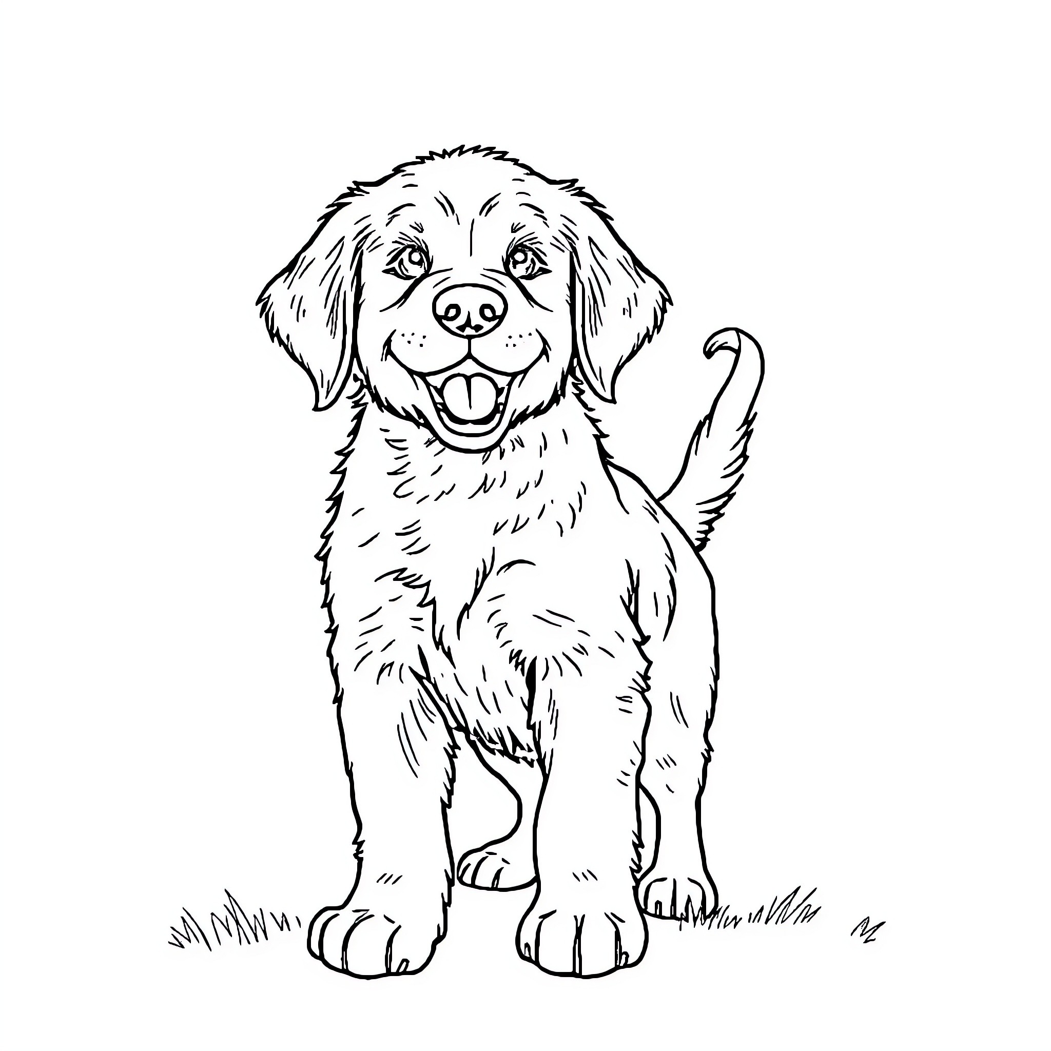 Golden Retriever sitting happily in the grass Coloring Page (free black-and-white line drawing printable PDF for all, from beginners to advanced learners, including children, teens, adults, and seniors)
