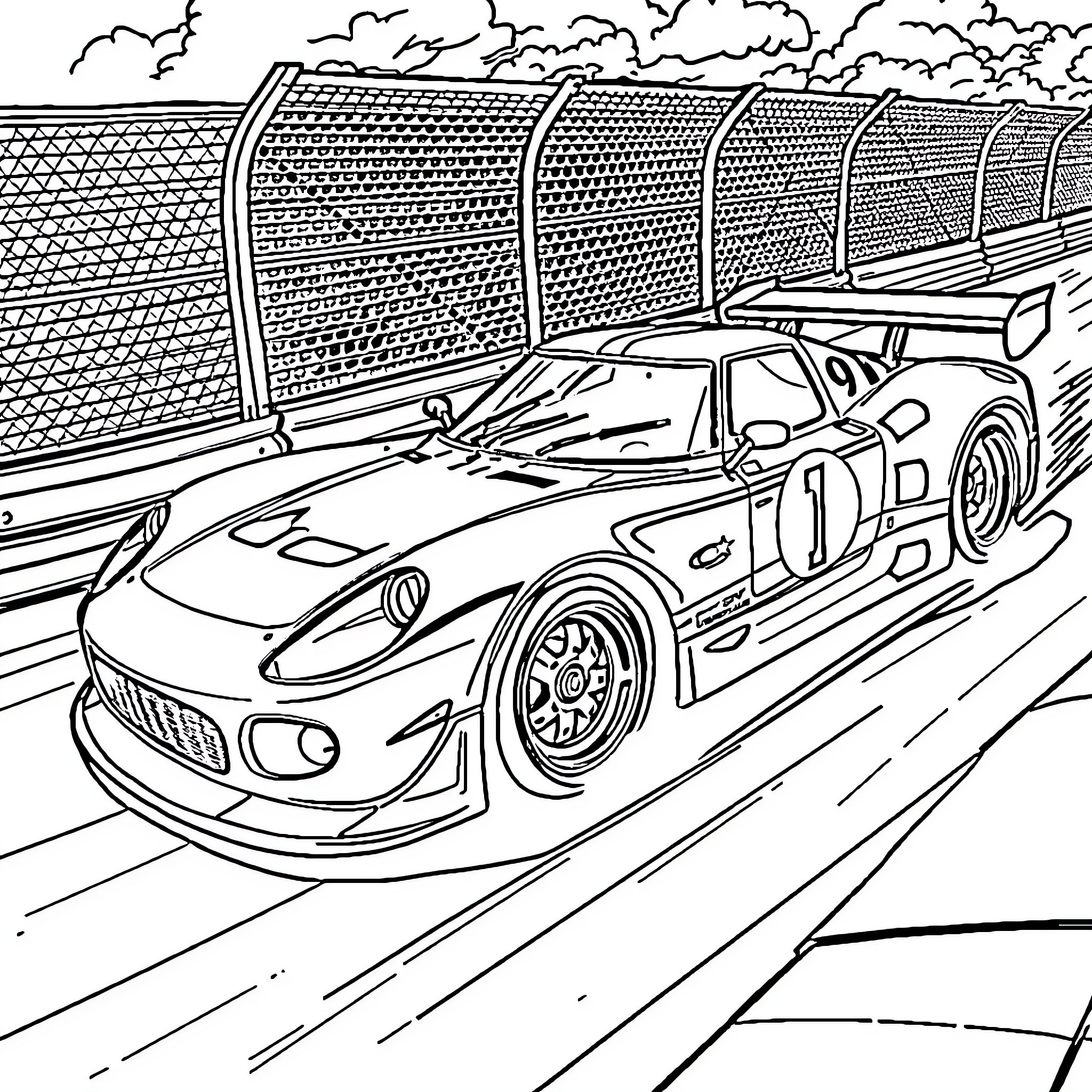 Racecar speeding on the race track Coloring Page (free black-and-white line drawing printable PDF for all, from beginners to advanced learners, including children, teens, adults, and seniors)