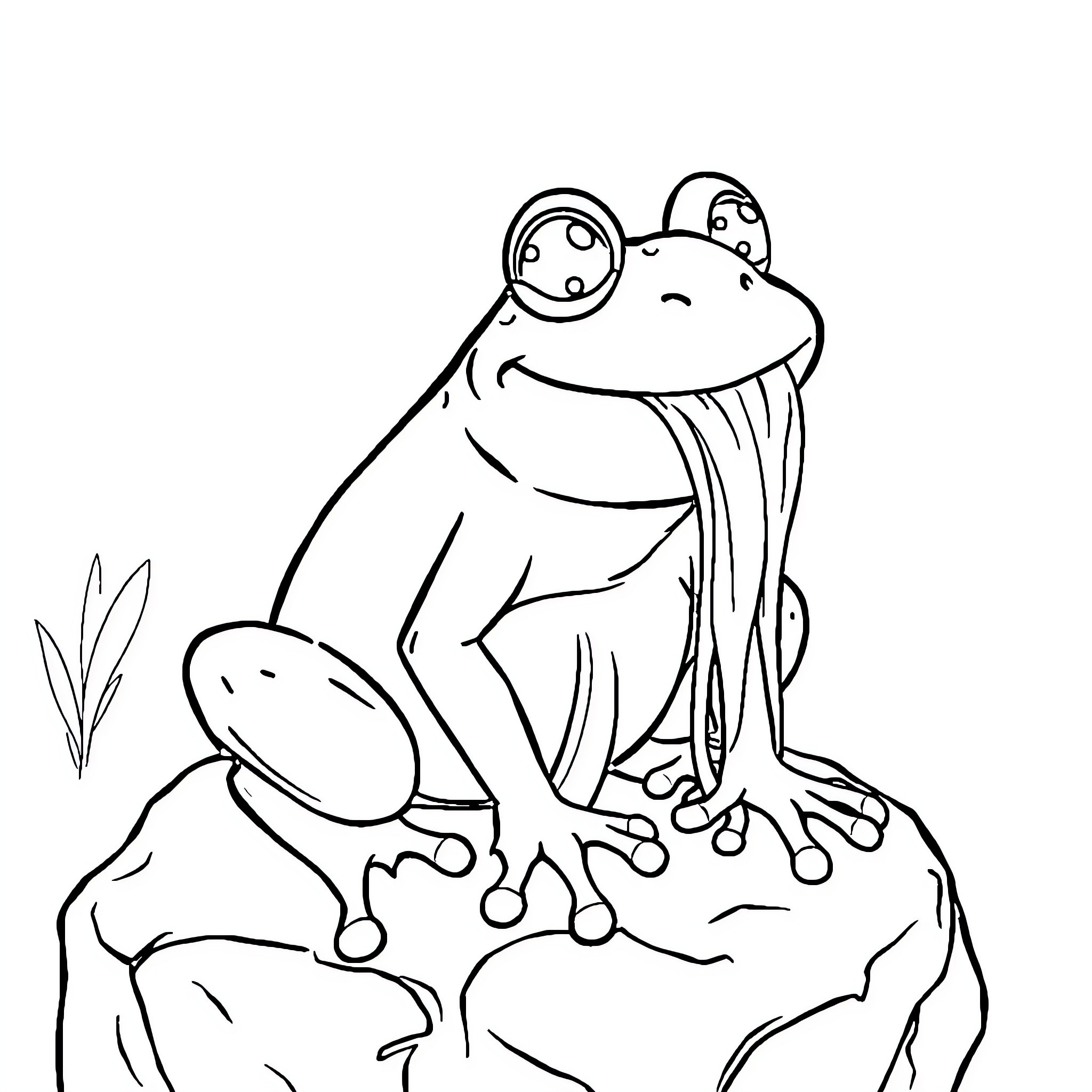 Frog sitting on a rock with a happy expression Coloring Page (free black-and-white line drawing printable PDF for all, from beginners to advanced learners, including children, teens, adults, and seniors)