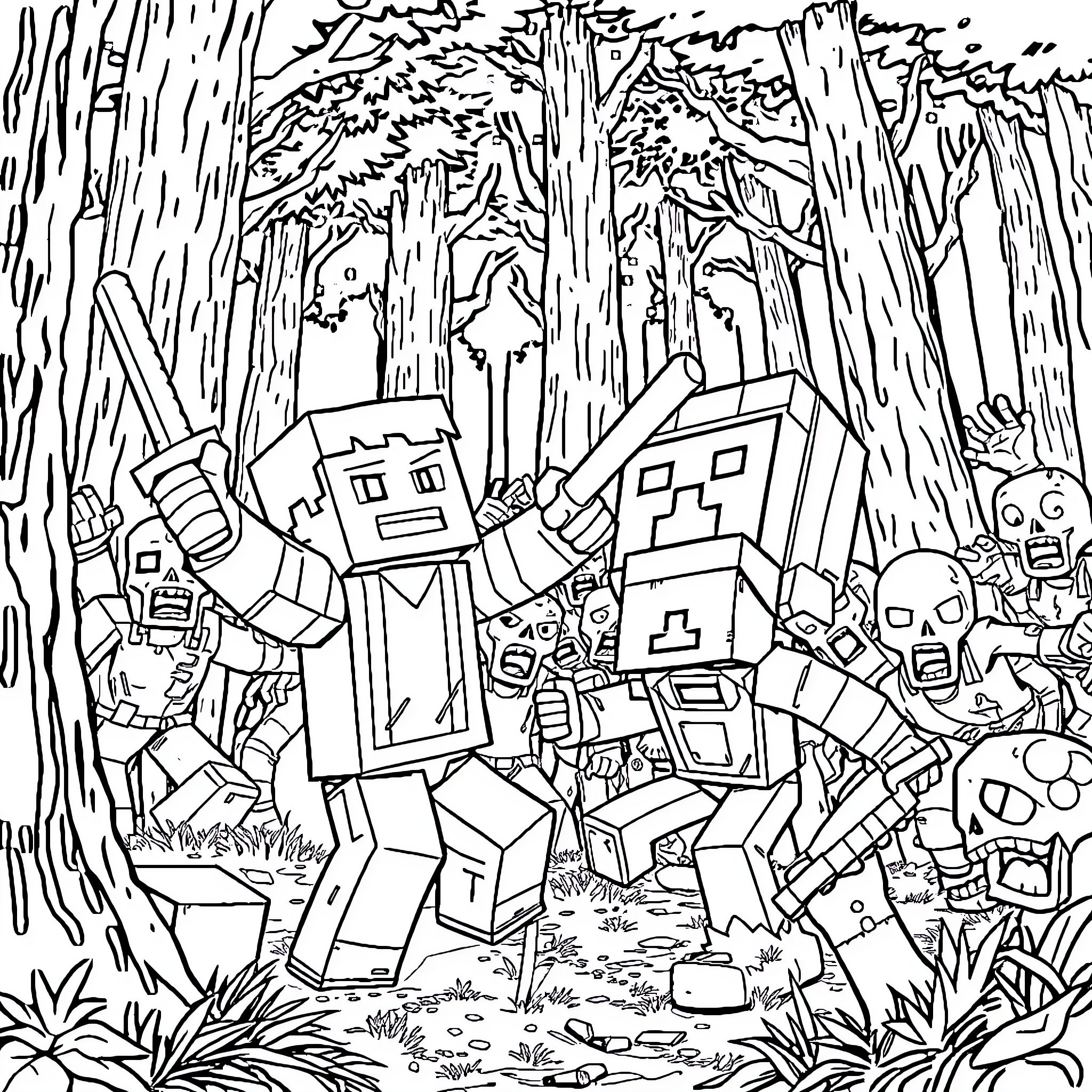 Steve's Blocky Adventure in the Enchanted Forest Coloring Page (free black-and-white line drawing printable PDF for all, from beginners to advanced learners, including children, teens, adults, and seniors)