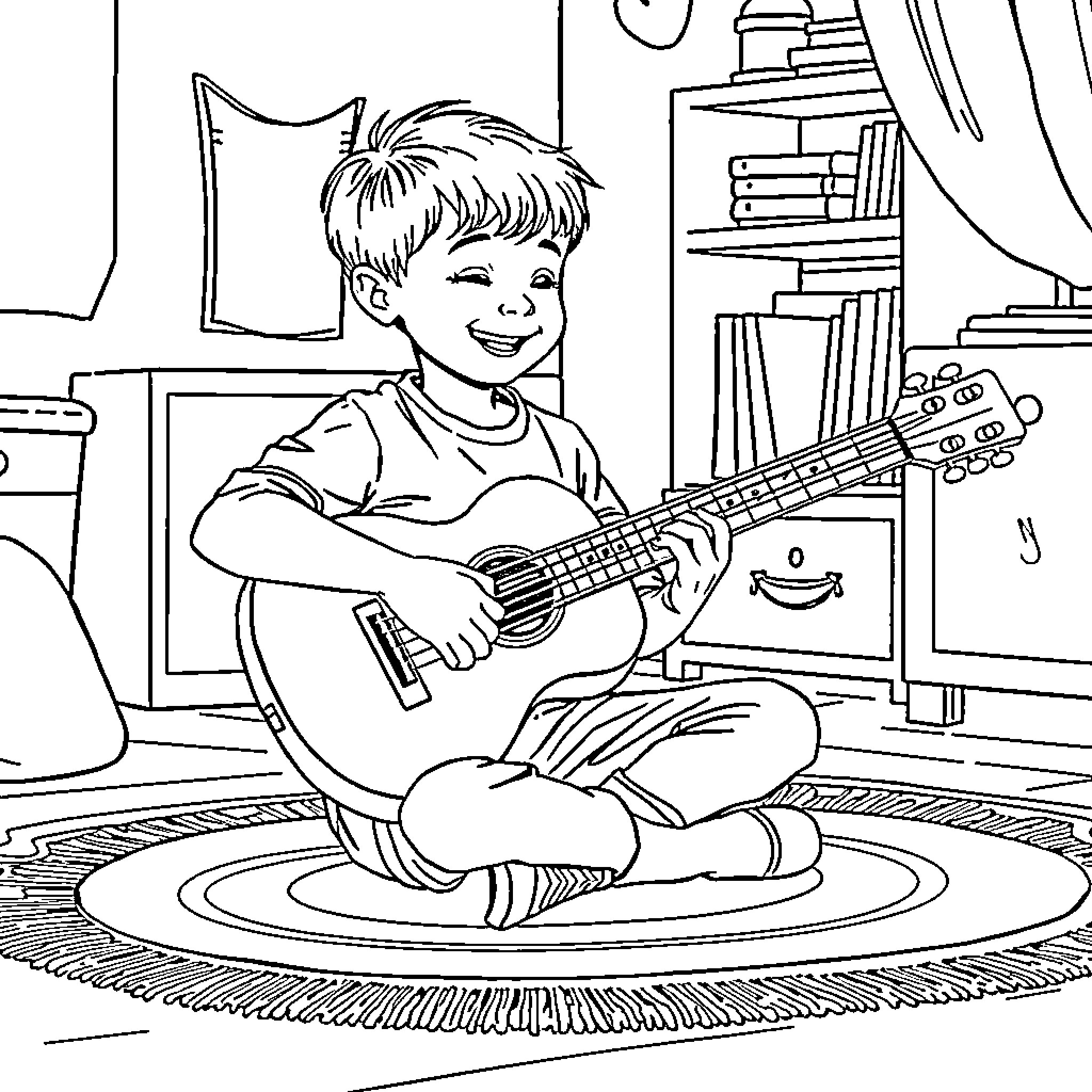 Boy Playing Guitar in Room Coloring Page (free black-and-white line drawing printable PDF for all, from beginners to advanced learners, including children, teens, adults, and seniors)