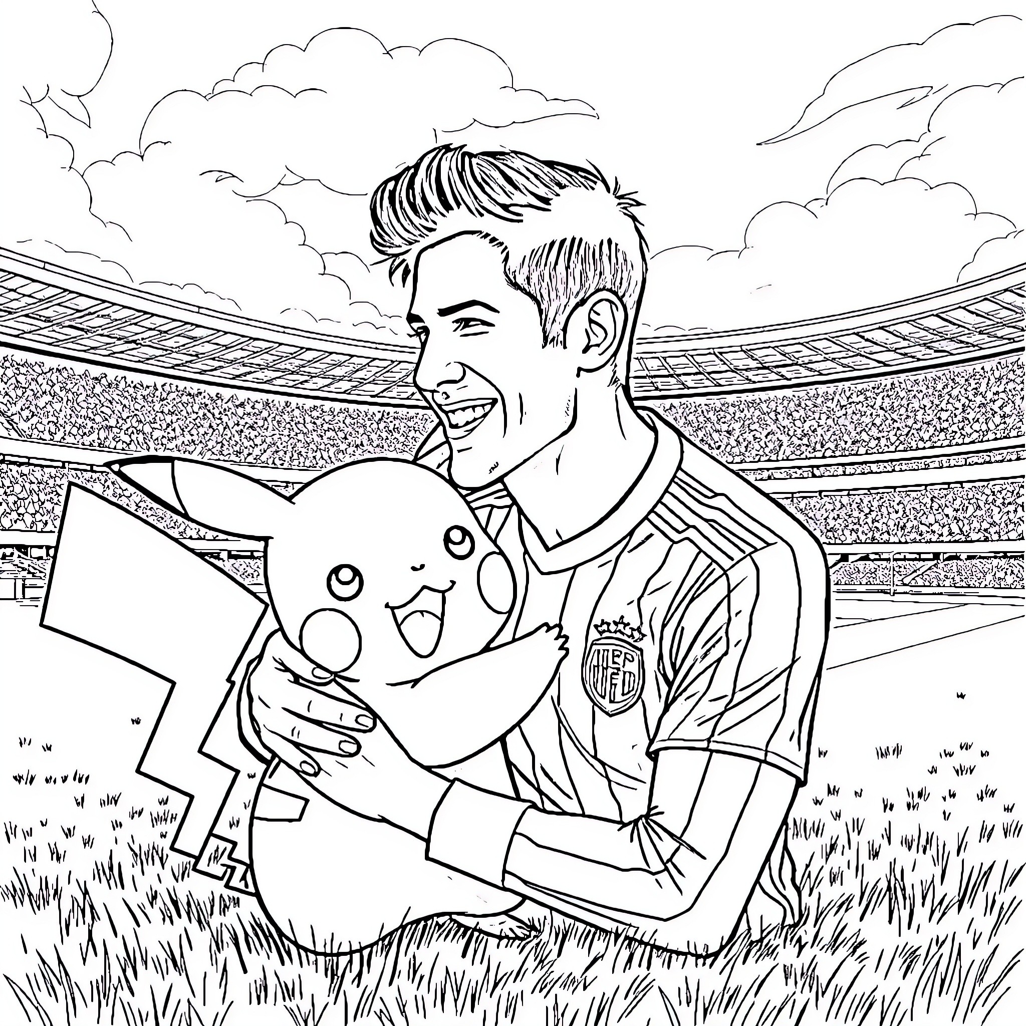 Diego Pablo Simeone with Pikachu at the Football Stadium Coloring Page (free black-and-white line drawing printable PDF for all, from beginners to advanced learners, including children, teens, adults, and seniors)