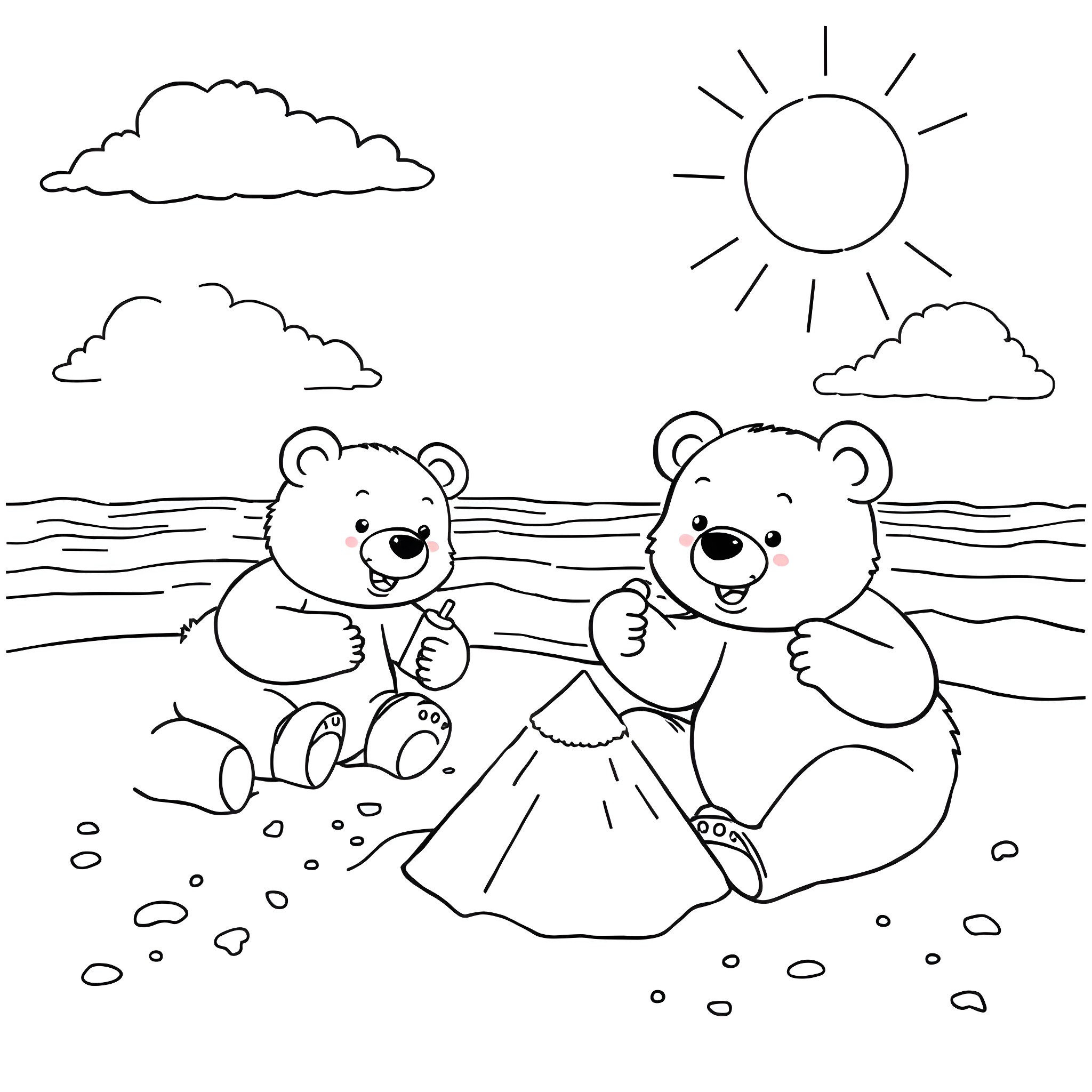Bear siblings playing happily on the beach Coloring Page (free black-and-white line drawing printable PDF for all, from beginners to advanced learners, including children, teens, adults, and seniors)