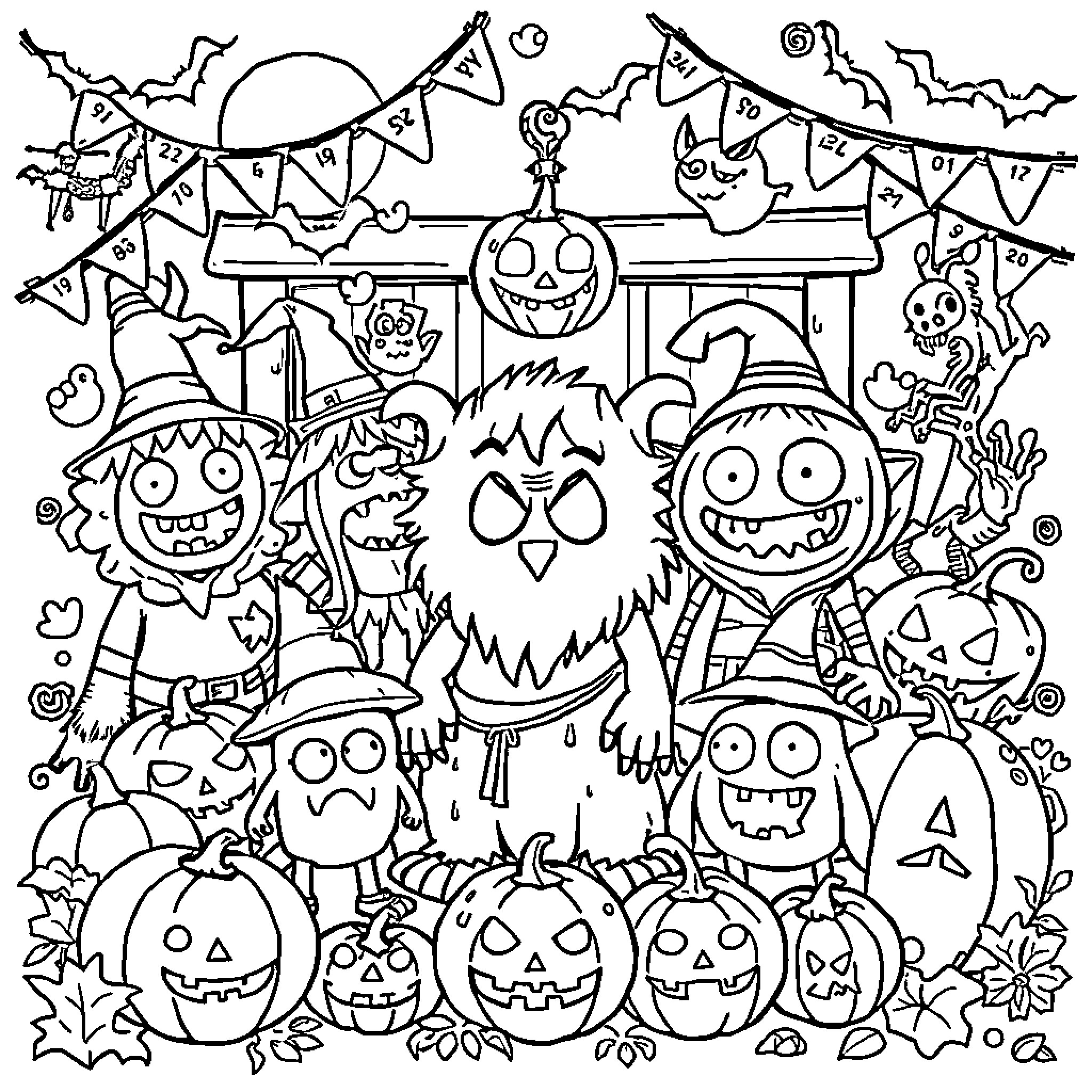 Monster Creatures Celebrating Halloween Party Coloring Page (free black-and-white line drawing printable PDF for all, from beginners to advanced learners, including children, teens, adults, and seniors)