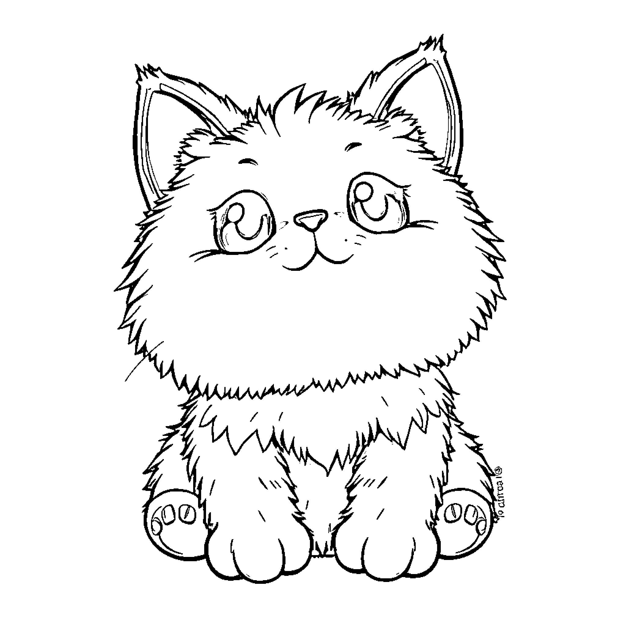 Cat smiling cheerfully in black and white Coloring Page (free black-and-white line drawing printable PDF for all, from beginners to advanced learners, including children, teens, adults, and seniors)