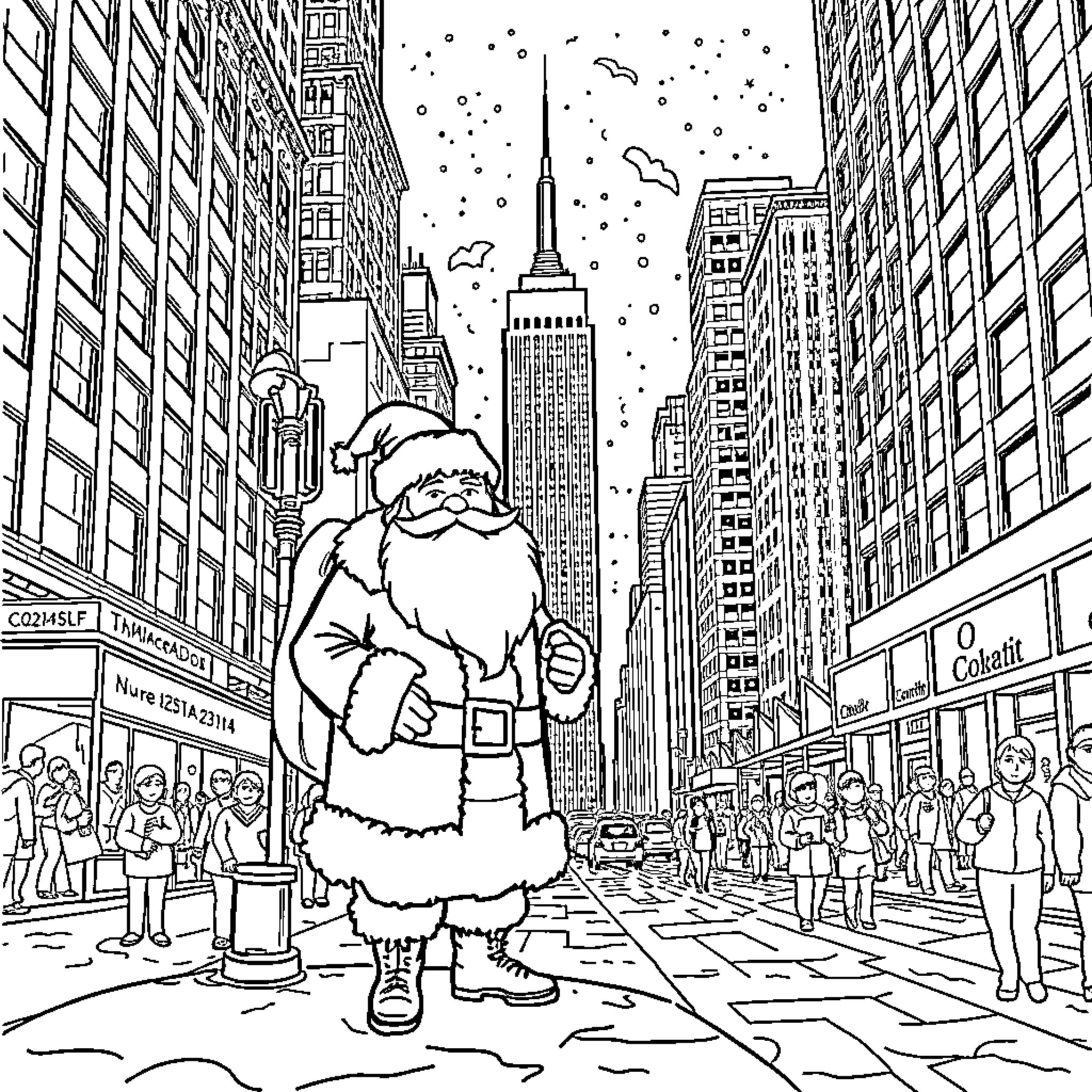 Monkey Santa strolling in festive city street Coloring Page (free black-and-white line drawing printable PDF for all, from beginners to advanced learners, including children, teens, adults, and seniors)