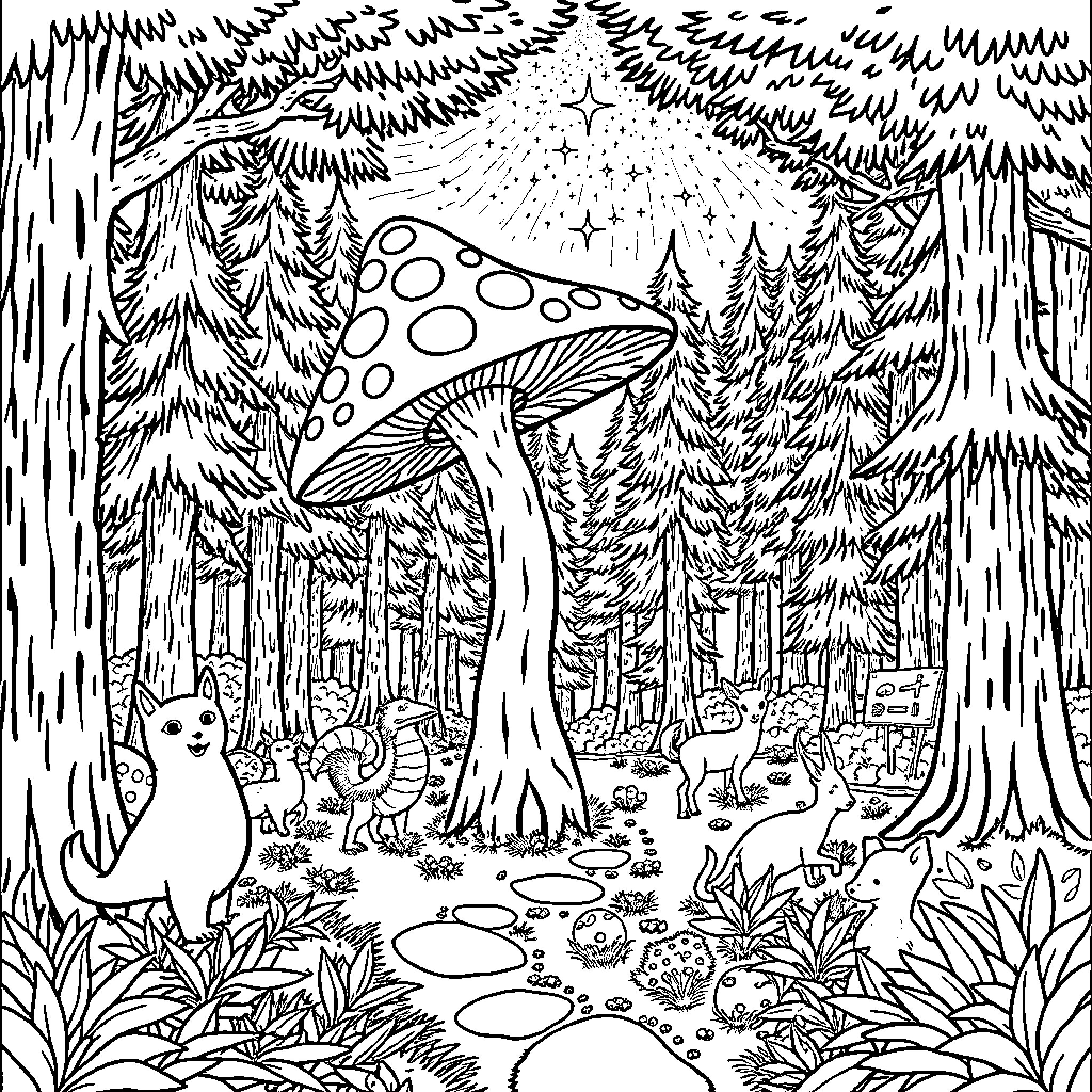Mushroom Creatures Exploring Magical Forest Coloring Page (free black-and-white line drawing printable PDF for all, from beginners to advanced learners, including children, teens, adults, and seniors)