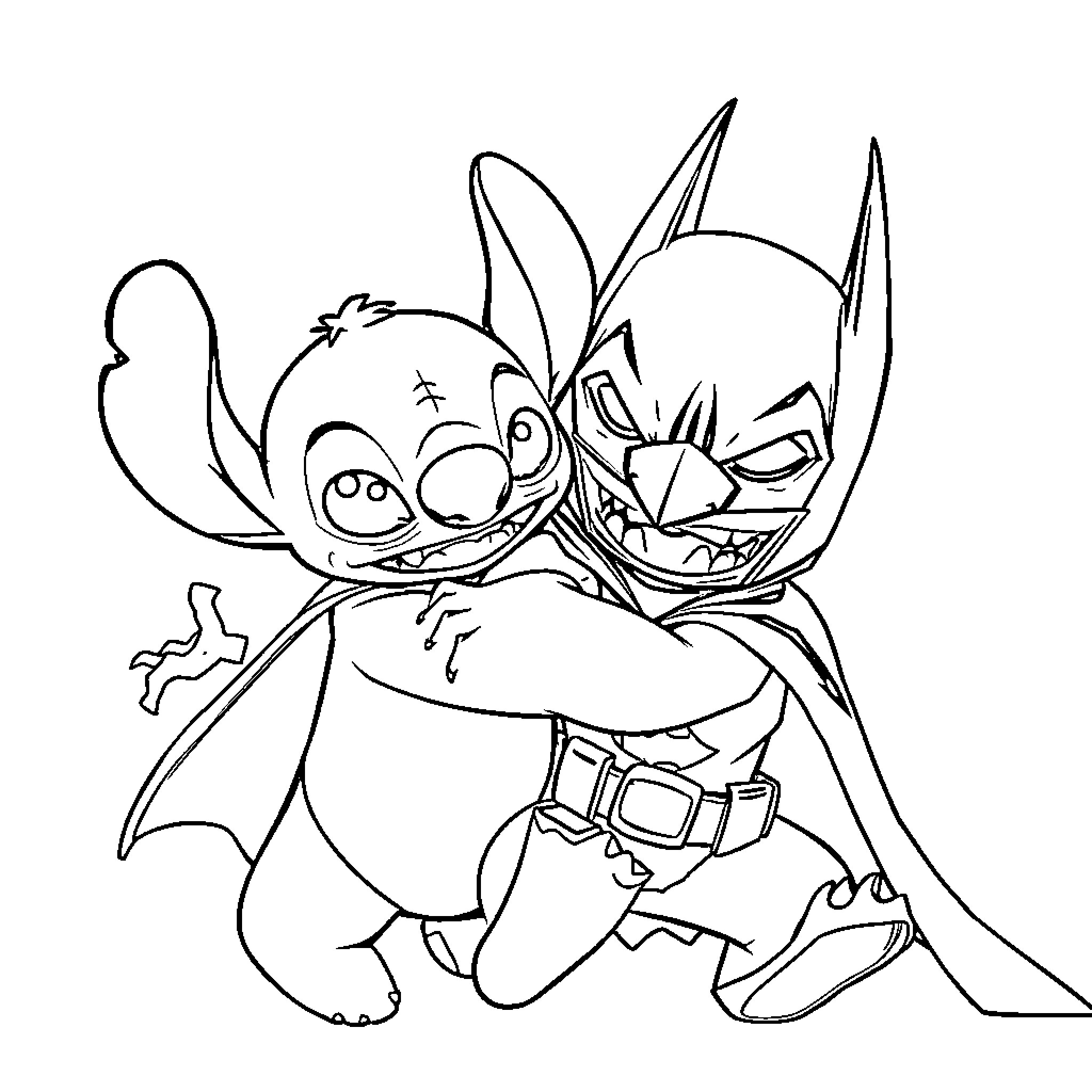 Stitch and Batman in Playful Encounter Coloring Page (free black-and-white line drawing printable PDF for all, from beginners to advanced learners, including children, teens, adults, and seniors)