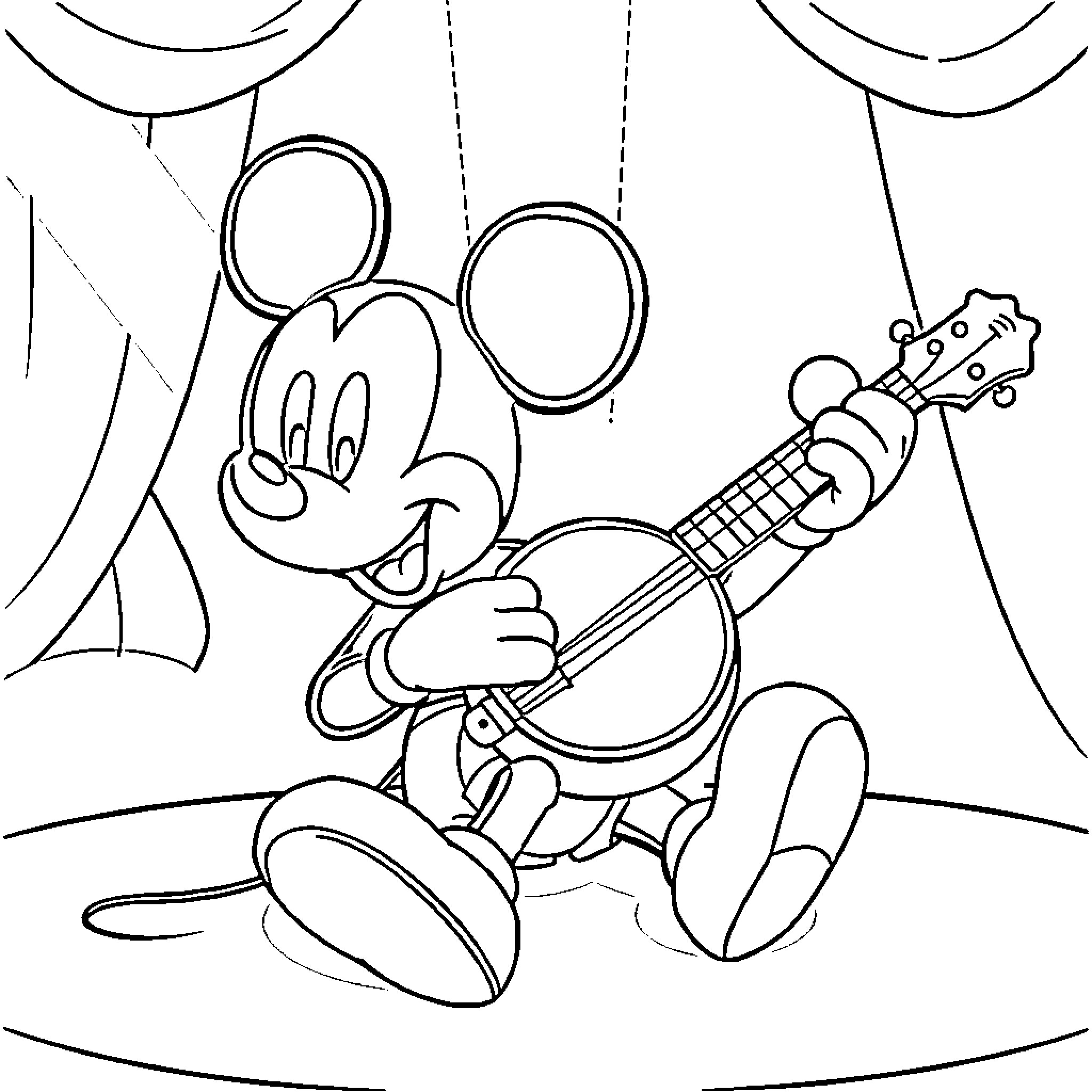 Mickey Mouse playing banjo on stage Coloring Page (free black-and-white line drawing printable PDF for all, from beginners to advanced learners, including children, teens, adults, and seniors)