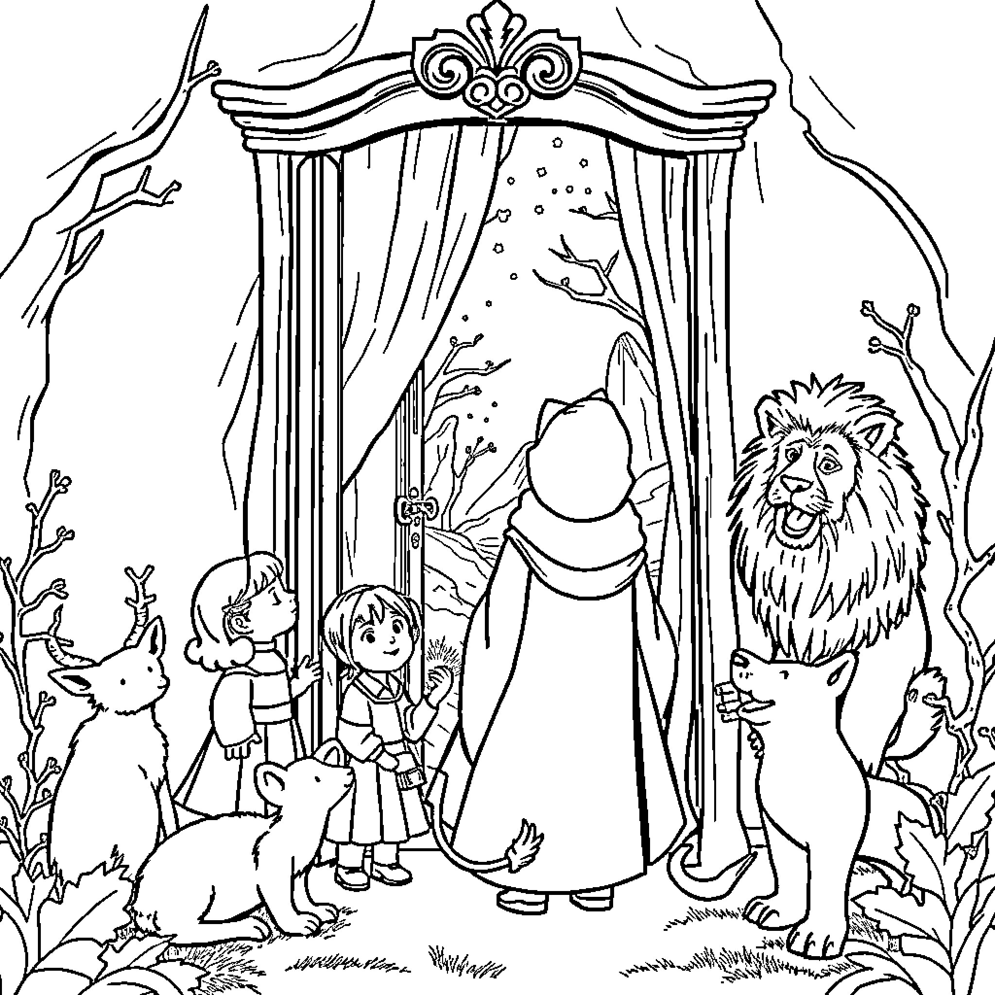 Lion and the magical curtain scene Coloring Page (free black-and-white line drawing printable PDF for all, from beginners to advanced learners, including children, teens, adults, and seniors)