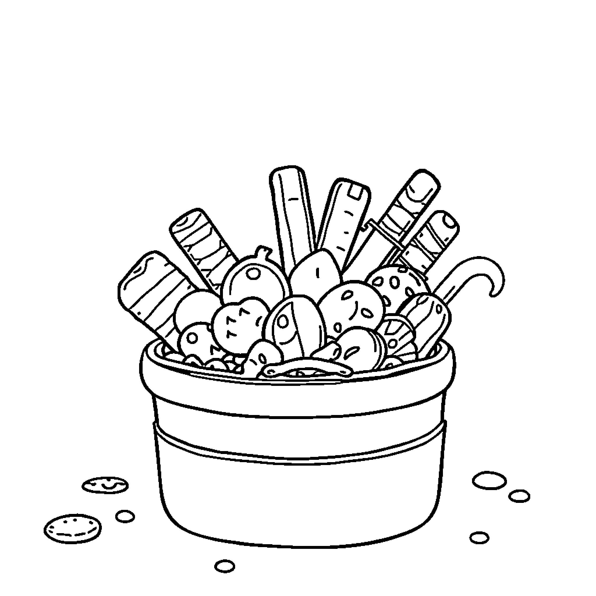 Car tools and parts in a bucket Coloring Page (free black-and-white line drawing printable PDF for all, from beginners to advanced learners, including children, teens, adults, and seniors)
