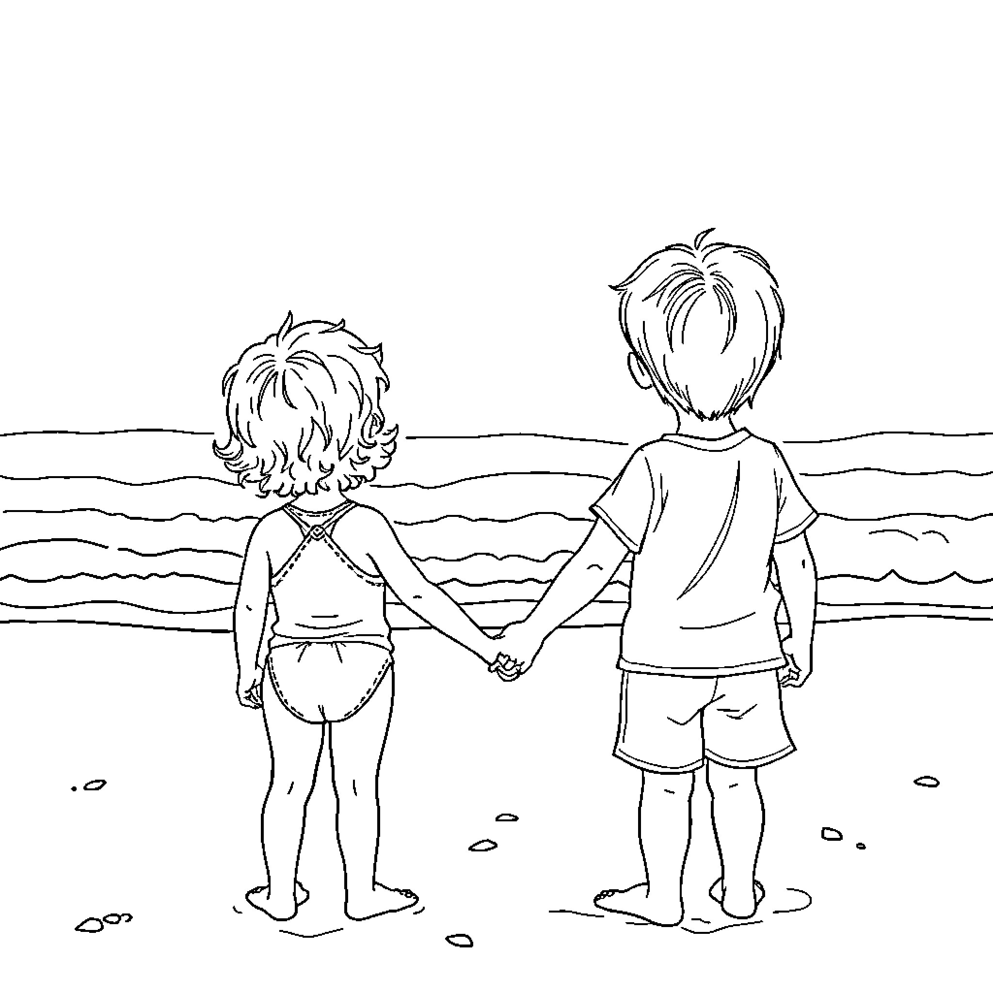 Child playing in the waves with friend Coloring Page (free black-and-white line drawing printable PDF for all, from beginners to advanced learners, including children, teens, adults, and seniors)