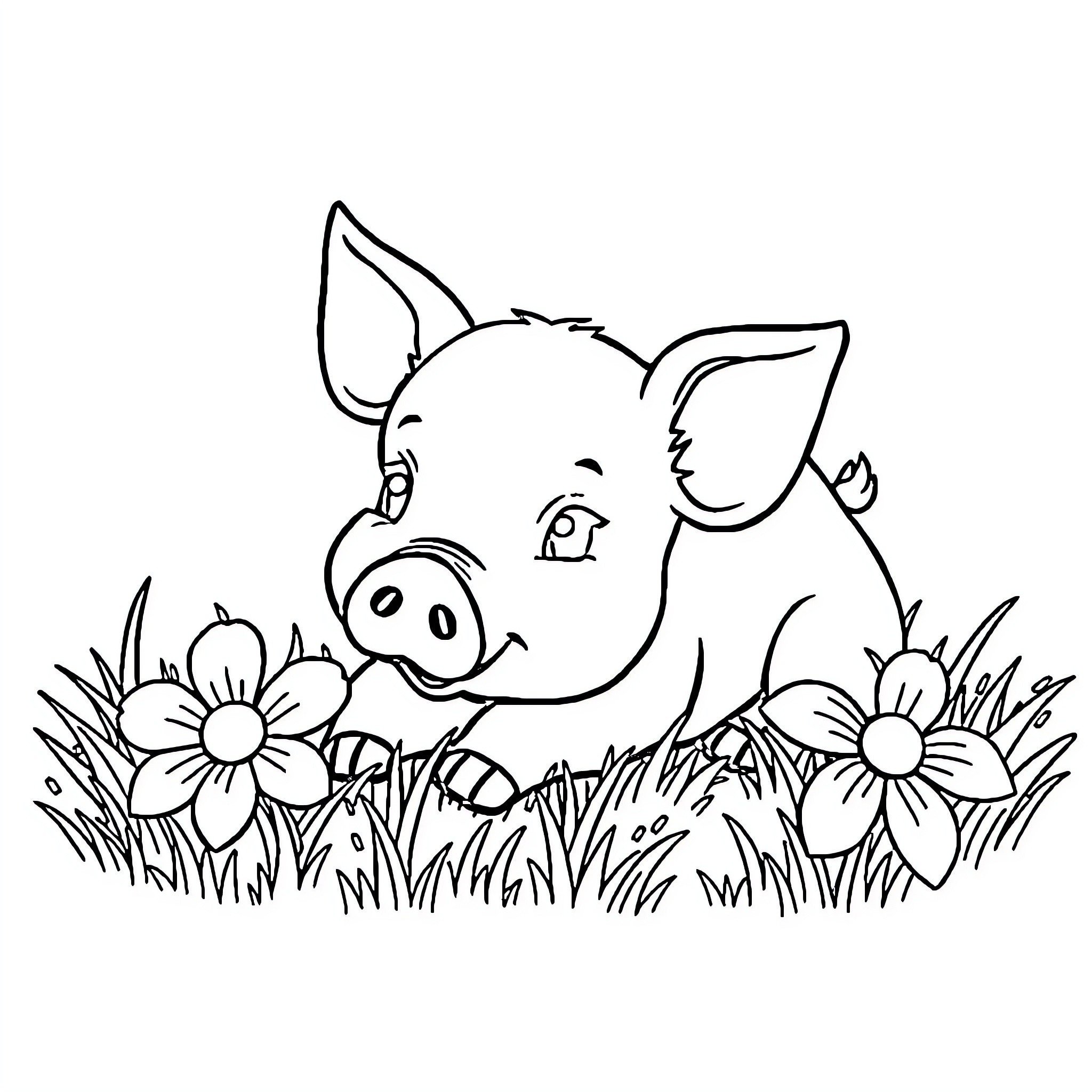 Pig playing in a flowery field Coloring Page (free black-and-white line drawing printable PDF for all, from beginners to advanced learners, including children, teens, adults, and seniors)
