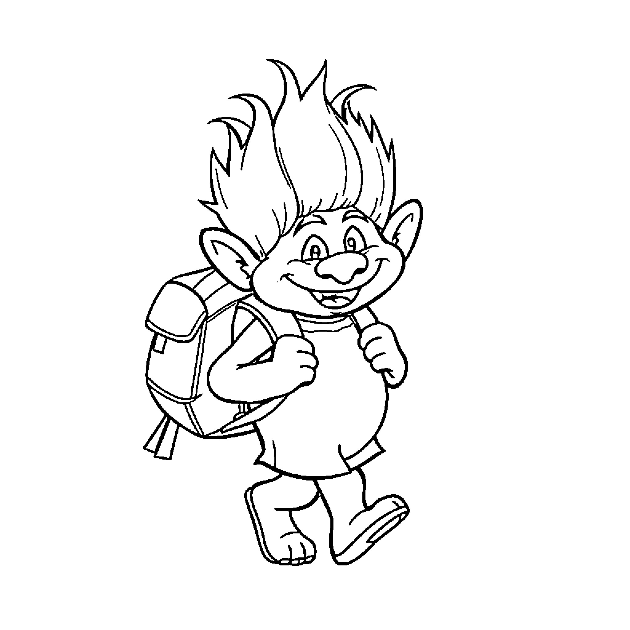 Troll character with backpack and happy expression Coloring Page (free black-and-white line drawing printable PDF for all, from beginners to advanced learners, including children, teens, adults, and seniors)