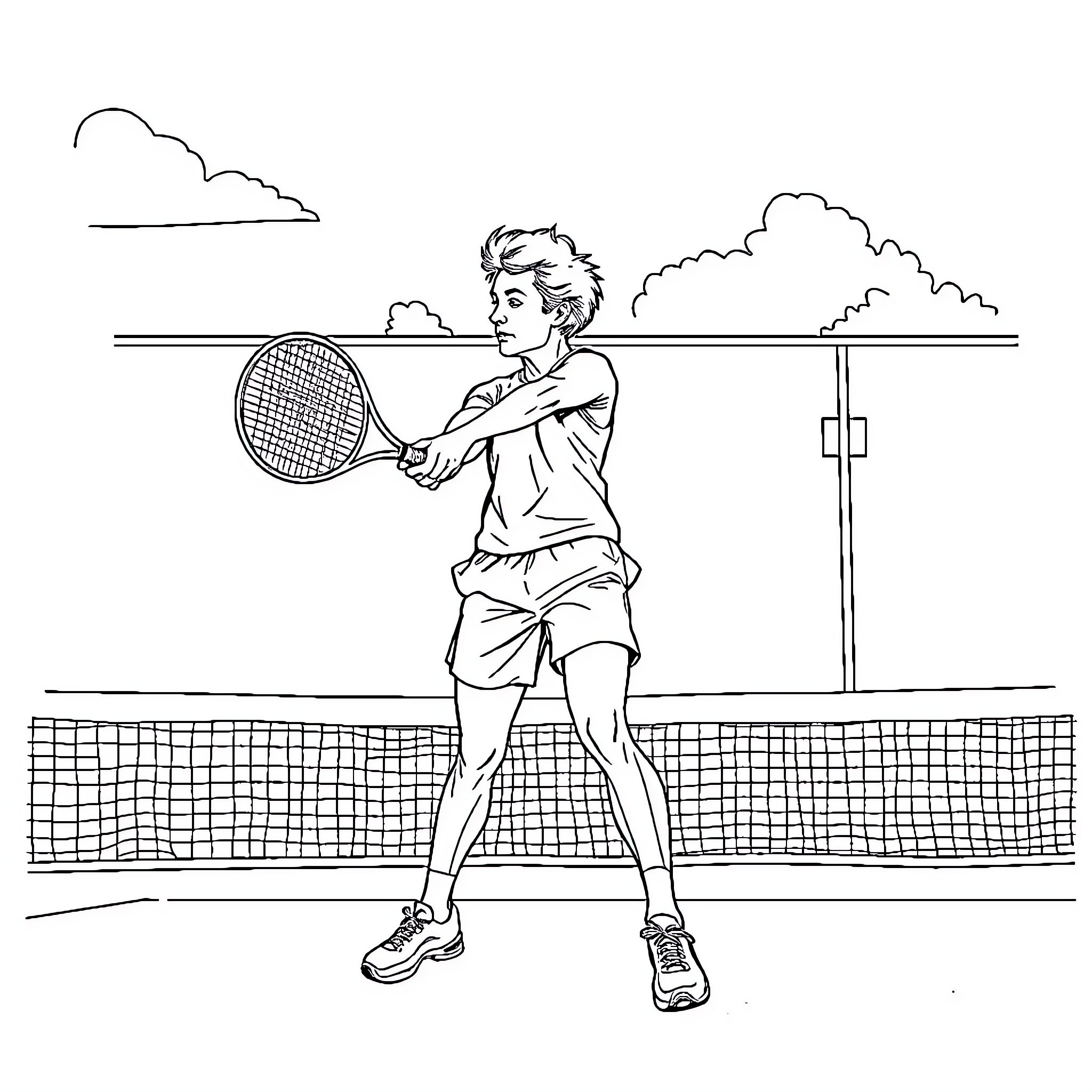 Emanuelle Macron playing tennis on the court Coloring Page (free black-and-white line drawing printable PDF for all, from beginners to advanced learners, including children, teens, adults, and seniors)