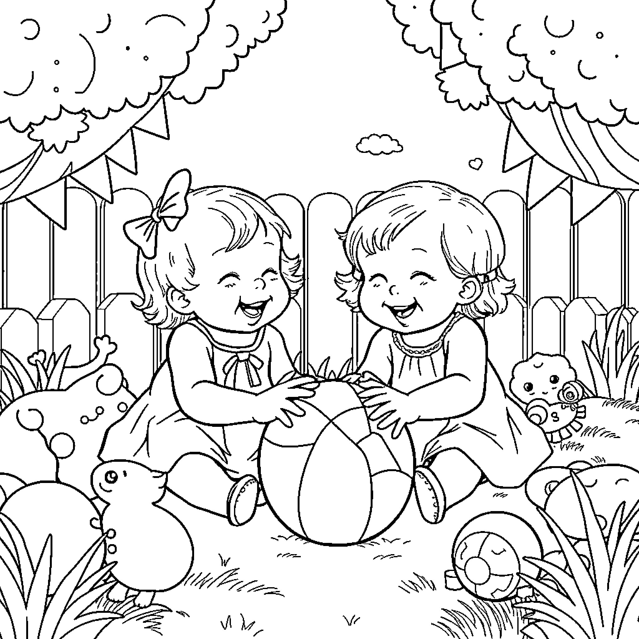 Baby Girls Playing Joyfully in Nature Coloring Page (free black-and-white line drawing printable PDF for all, from beginners to advanced learners, including children, teens, adults, and seniors)