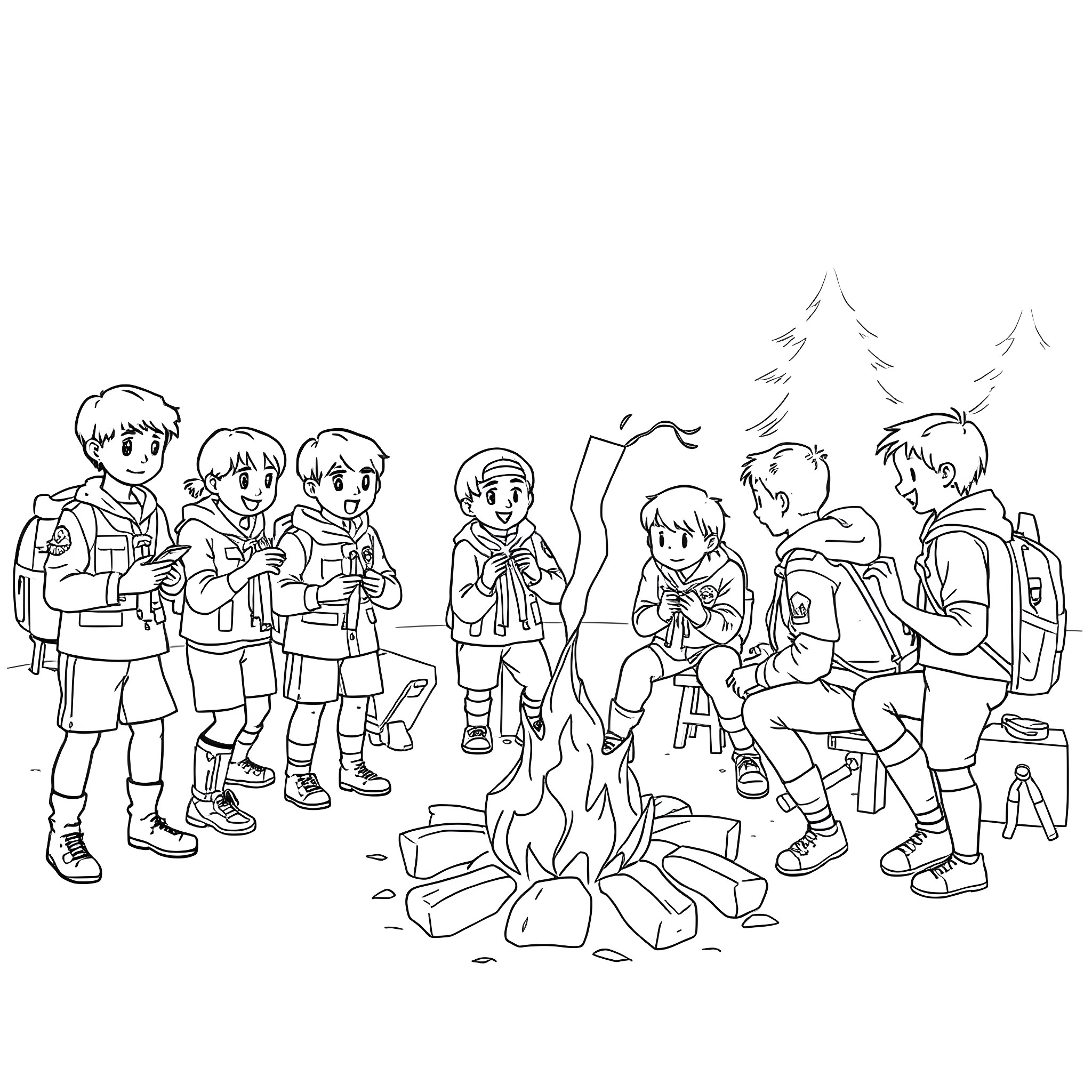 Scout group gathered around a campfire in the wilderness Coloring Page (free black-and-white line drawing printable PDF for all, from beginners to advanced learners, including children, teens, adults, and seniors)