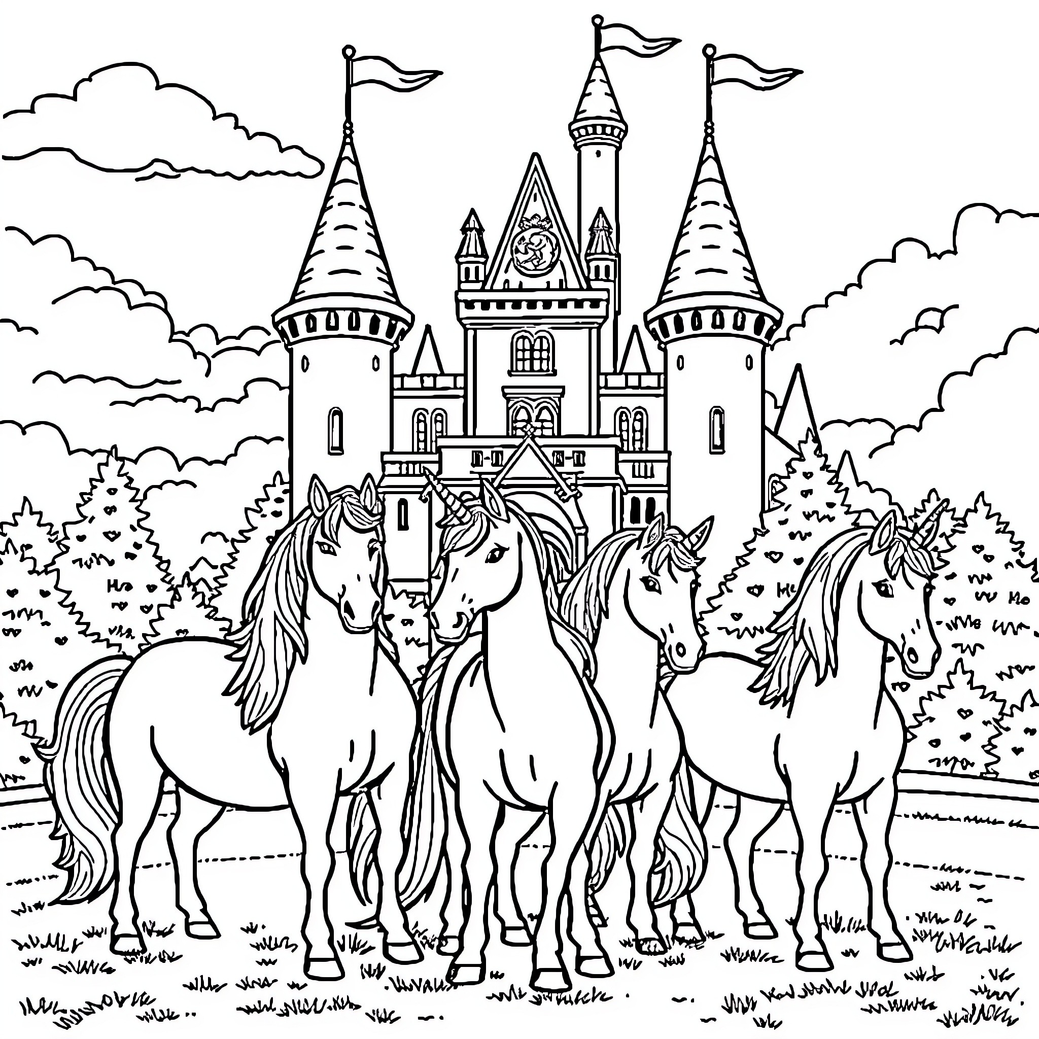 Unicorn Horses Galloping Near Enchanted Castle Coloring Page (free black-and-white line drawing printable PDF for all, from beginners to advanced learners, including children, teens, adults, and seniors)