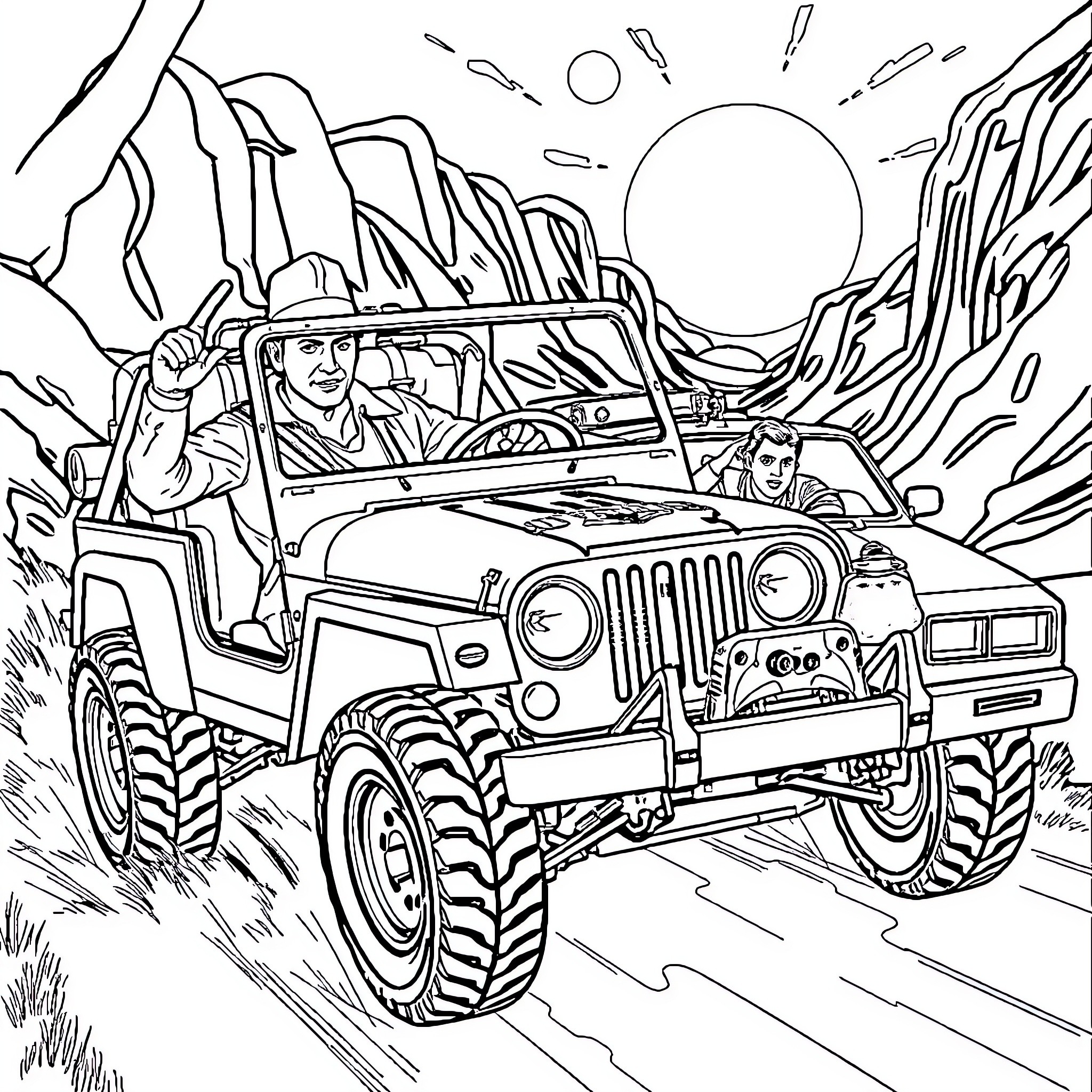Indiana Jones Explores Rocky Terrain in a Rugged Jeep Coloring Page (free black-and-white line drawing printable PDF for all, from beginners to advanced learners, including children, teens, adults, and seniors)