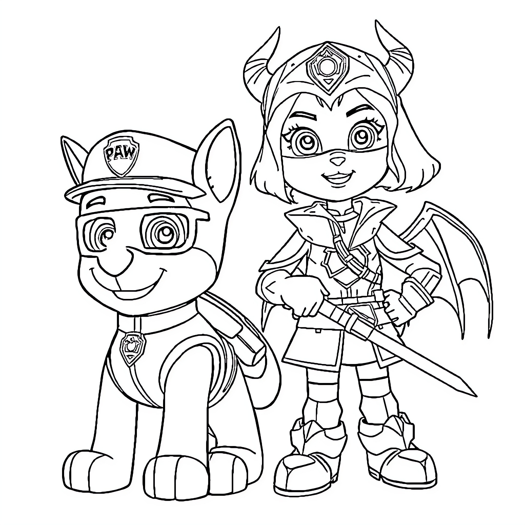 Ruben and Skye Adventuring Together Coloring Page (free black-and-white line drawing printable PDF for all, from beginners to advanced learners, including children, teens, adults, and seniors)