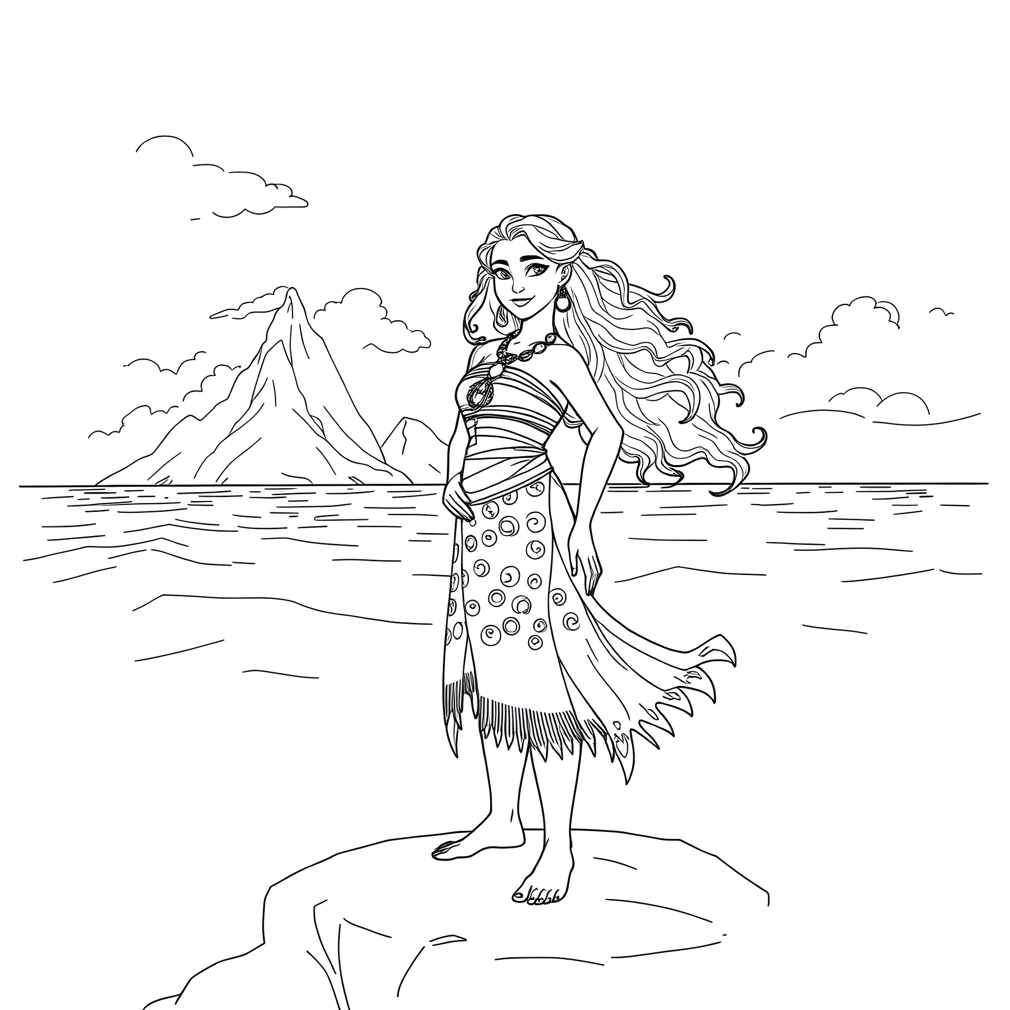 Moana standing confidently by the ocean Coloring Page (free black-and-white line drawing printable PDF for all, from beginners to advanced learners, including children, teens, adults, and seniors)
