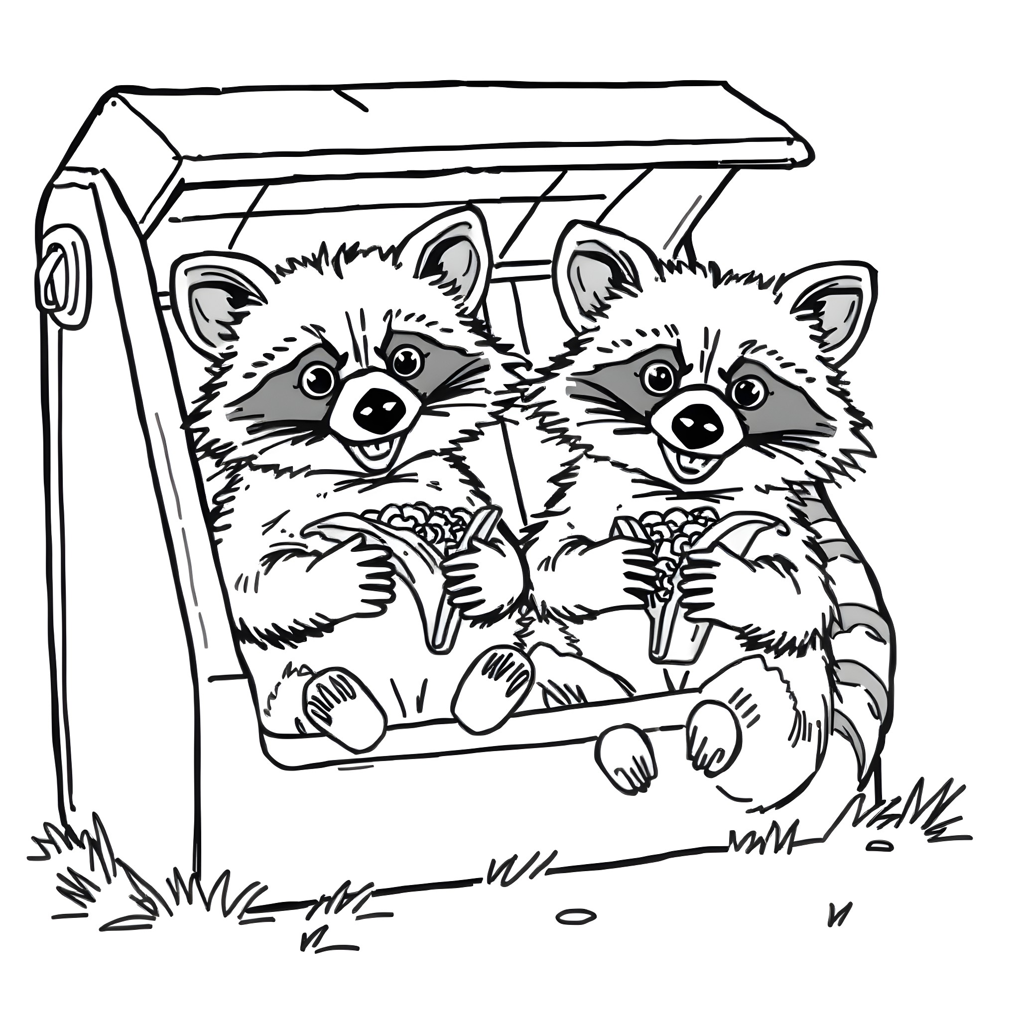 Raccoons peeking out of a crate Coloring Page (free black-and-white line drawing printable PDF for all, from beginners to advanced learners, including children, teens, adults, and seniors)